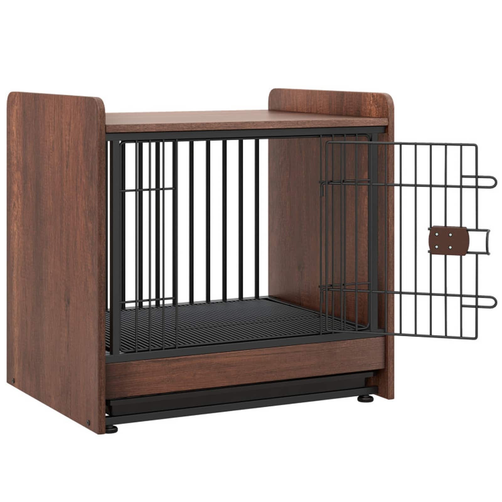 SUGIFT Indoor Furniture-Style Dog Crate End Table with Removable Pull-Out Tray Lockable Sliding Latch Door 110-lb Capacity Engineered Wood and Metal Mesh Rustic Brown