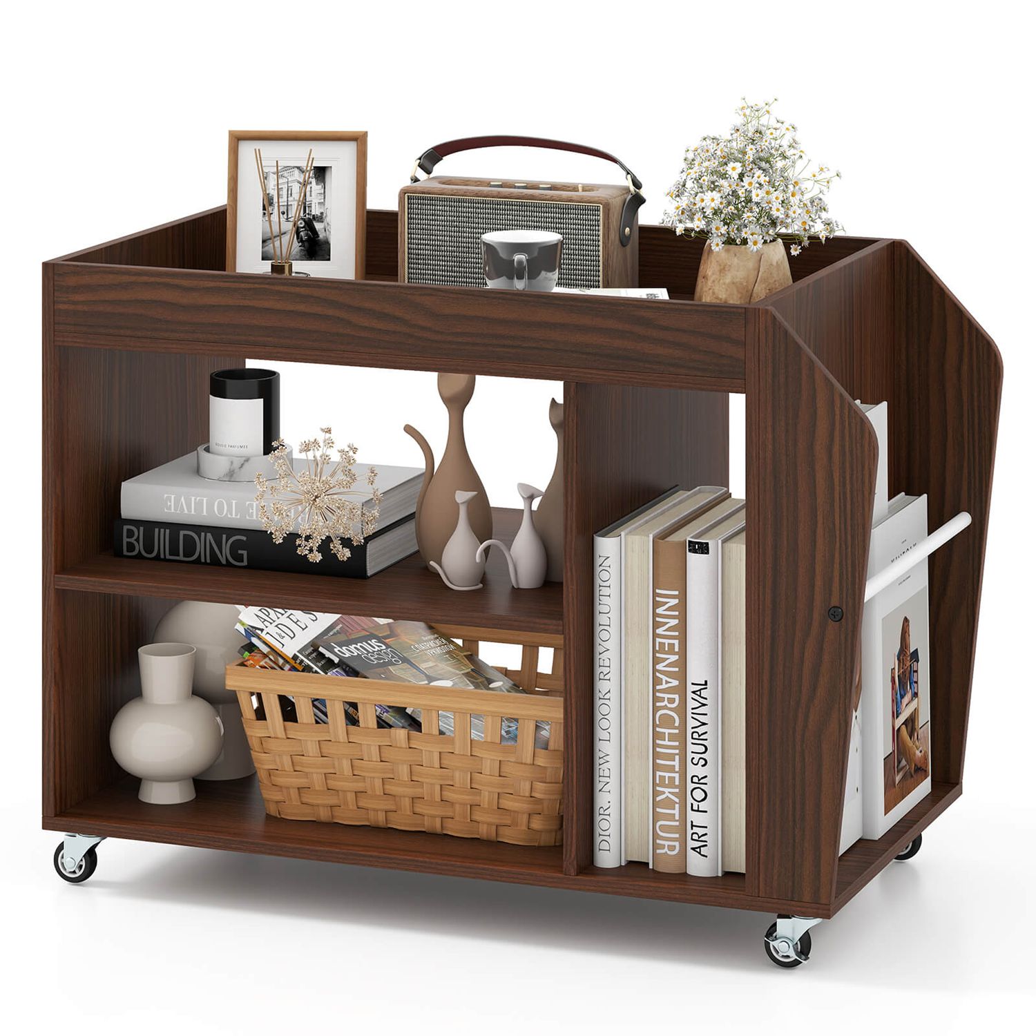 Costway -  Side End Table 3-Tier Bookshelf with Universal Wheels Rolling Nightstand Walnut Brown
