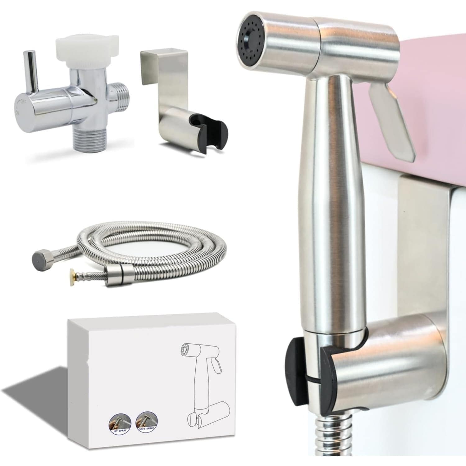 Angel Sar Stainless Steel Adjustable Water Pressure Brushed Nickel Handheld Bidet Sprayer with Hose for Feminine Hygiene #L2ZQYA701HBS03