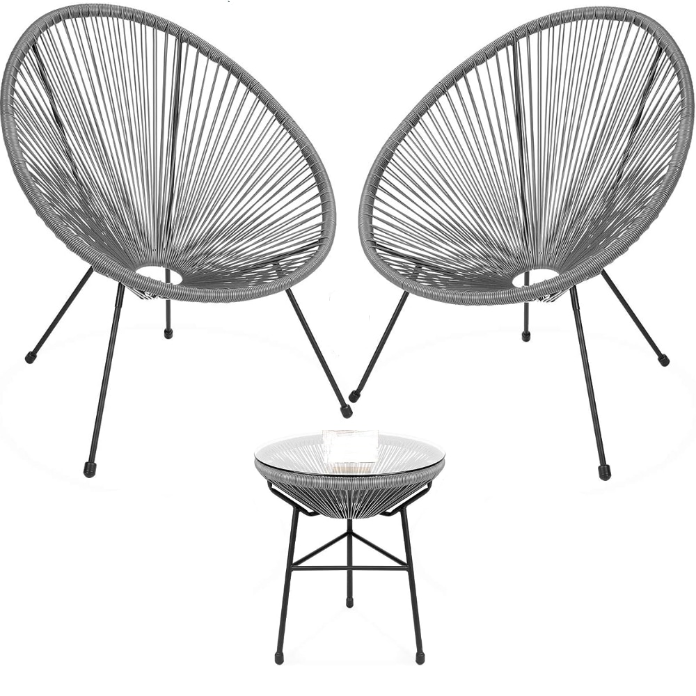 HIGHLANDERHOME GRAYCHAIR2PC1TABLE Outdoor Acapulco Set of 2 Woven Stackable Black Metal Frame Stationary Egg Chair with Gray Woven Seat