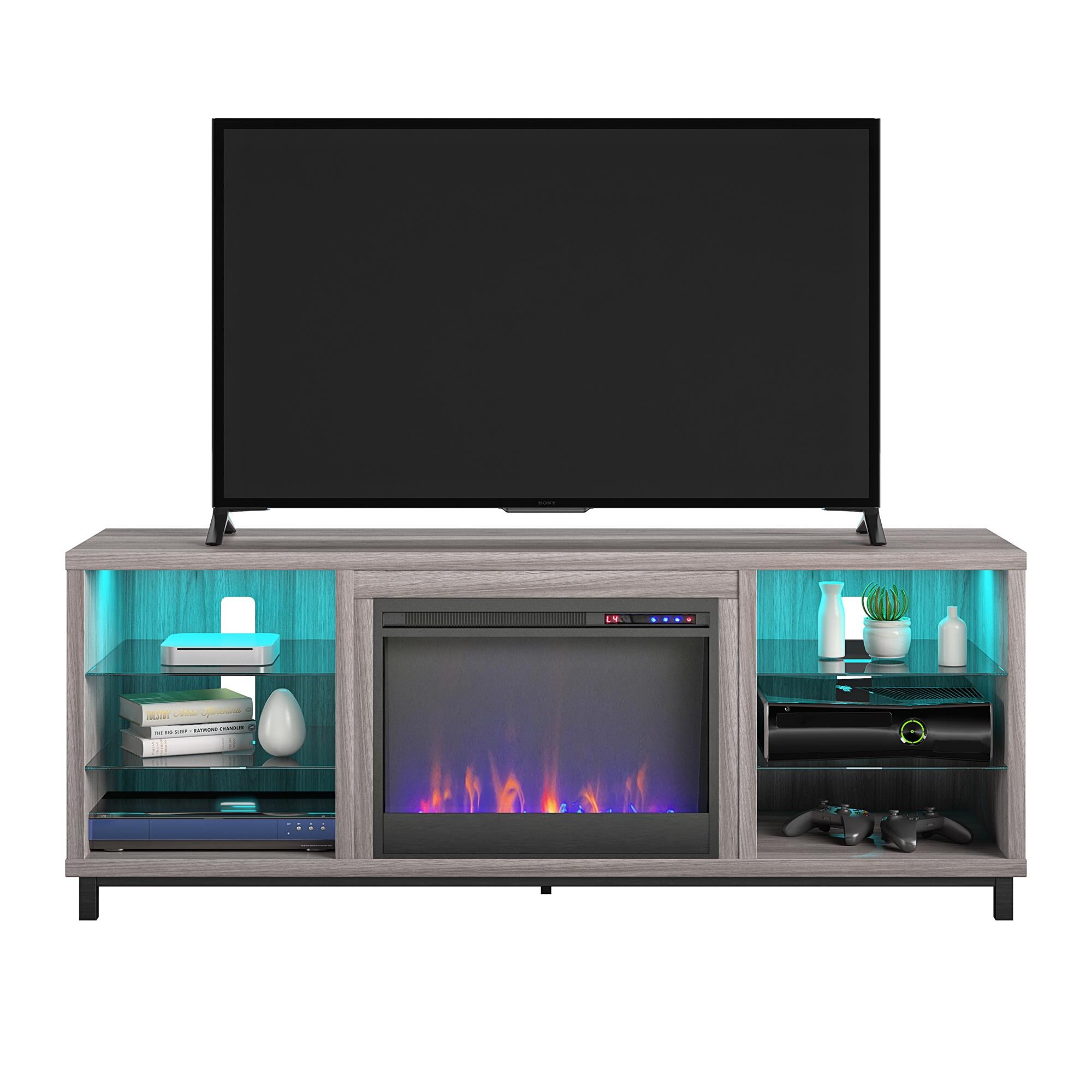 Ameriwood Home 1822908COM 64.75-Inches W Light Walnut TV Stand with Fan-forced Flat wall Electric Fireplace with Remote Control Included
