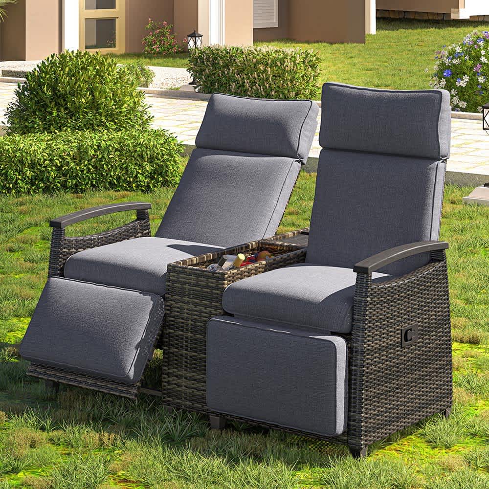 JUJABU DINSET-21 Gray Patio Recliner Loveseat Chair Adjustable Backrest Wicker Outdoor for Balcony