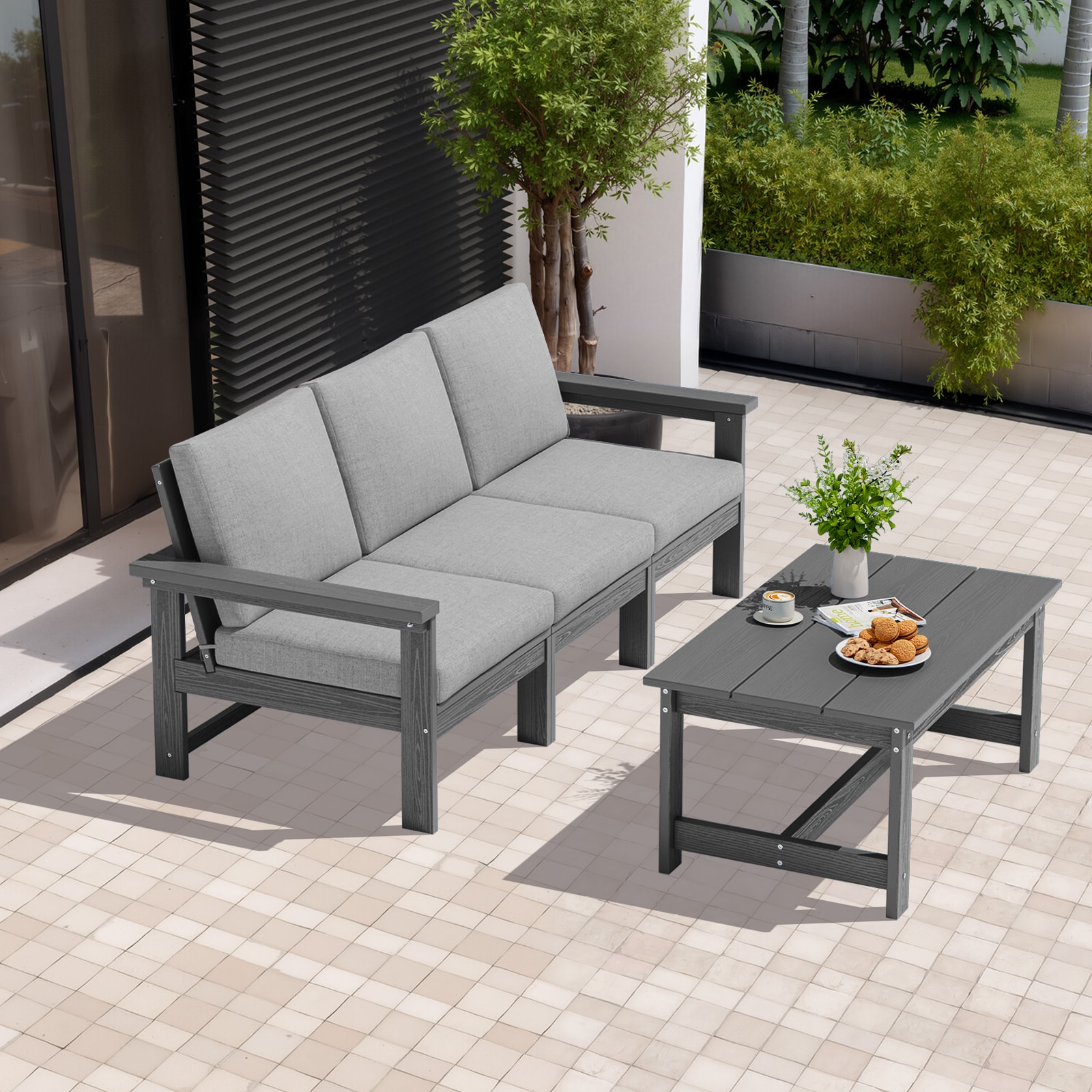VOUA ZHSF04-GY HDPE Patio 3-Seater Sofa Set with Coffee Table 2 -Piece Patio Sofa Conversation Set with Gray Cushions