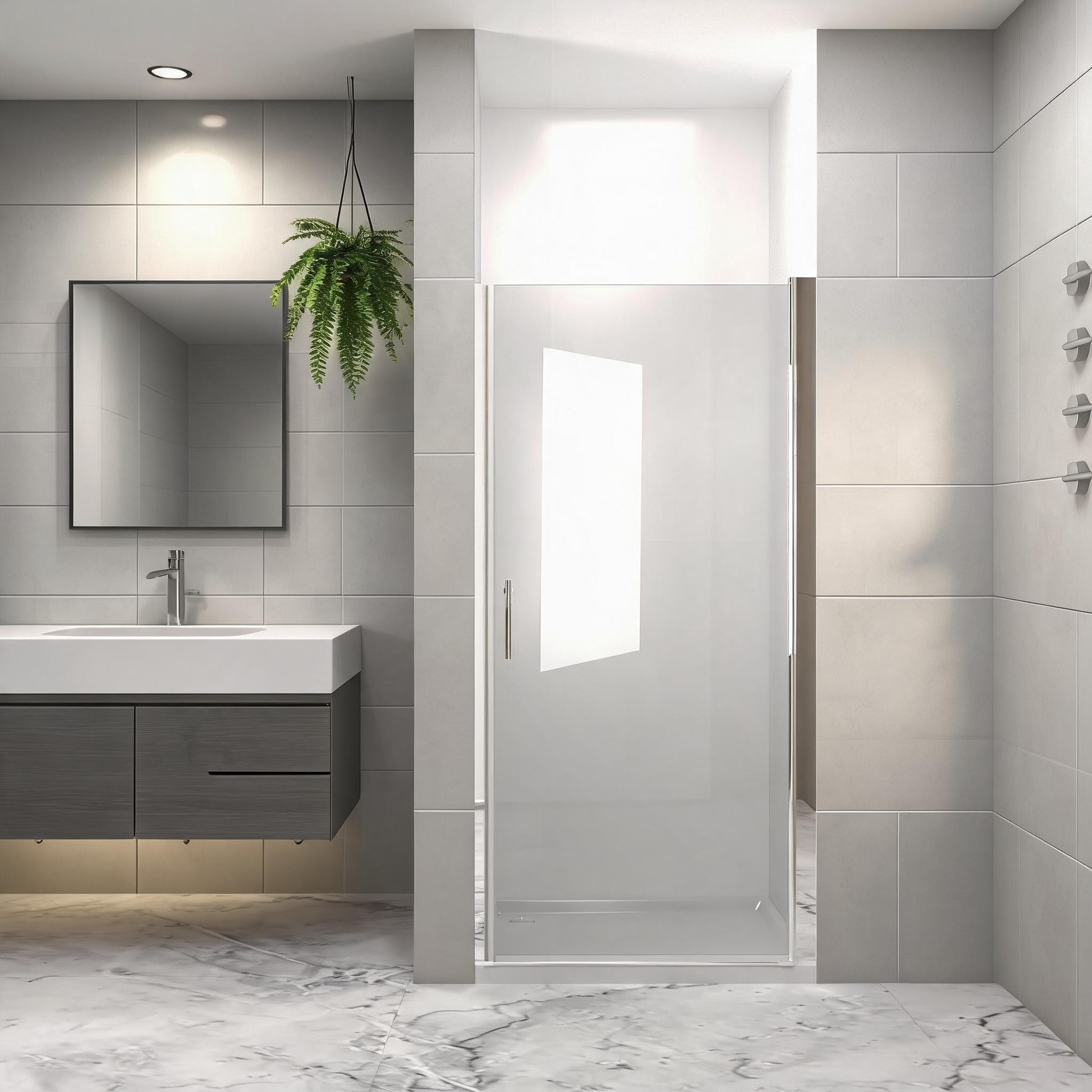 Watnature Silver-tone Aluminum 1 or 4 Tempered Glass Pivot Shower Door by  for Bathroom Shower Half Frame Swing Open 28 times 72 Inch