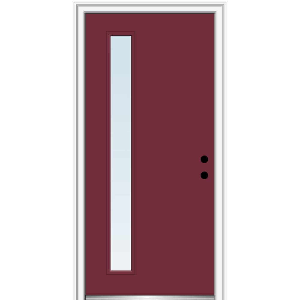 MMI DOOR ZZ348658L Spotlights 36-in x 80-in x 6-9/16-in Fiberglass Pulse lite Left-hand inswing Burgundy Painted Prehung Front Door with Brickmould Insulating core