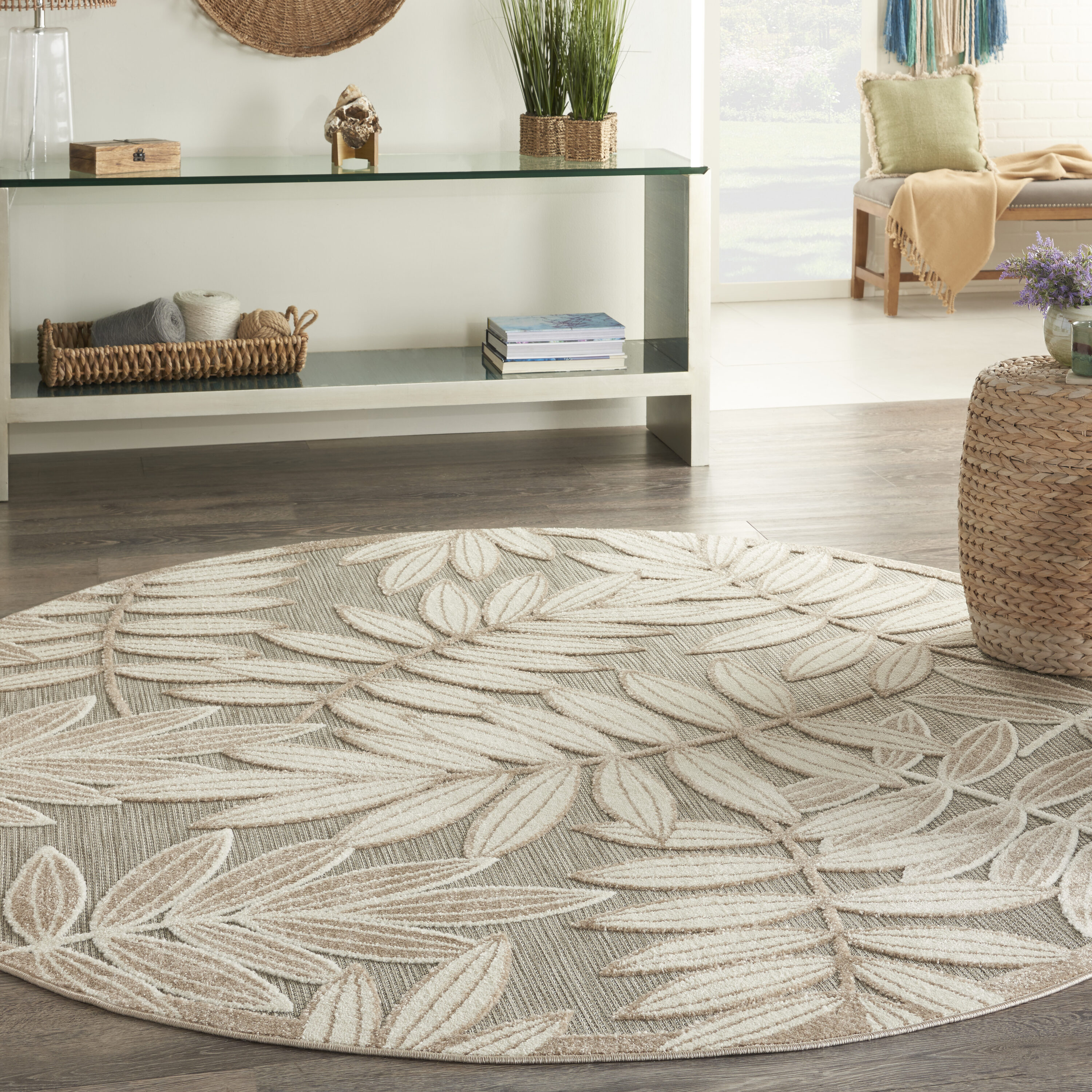 Nourison 99446807137 Aloha 8 x 8 (ft) Loomed Polypropylene Natural Round Indoor/Outdoor Floral/Botanical Area rug