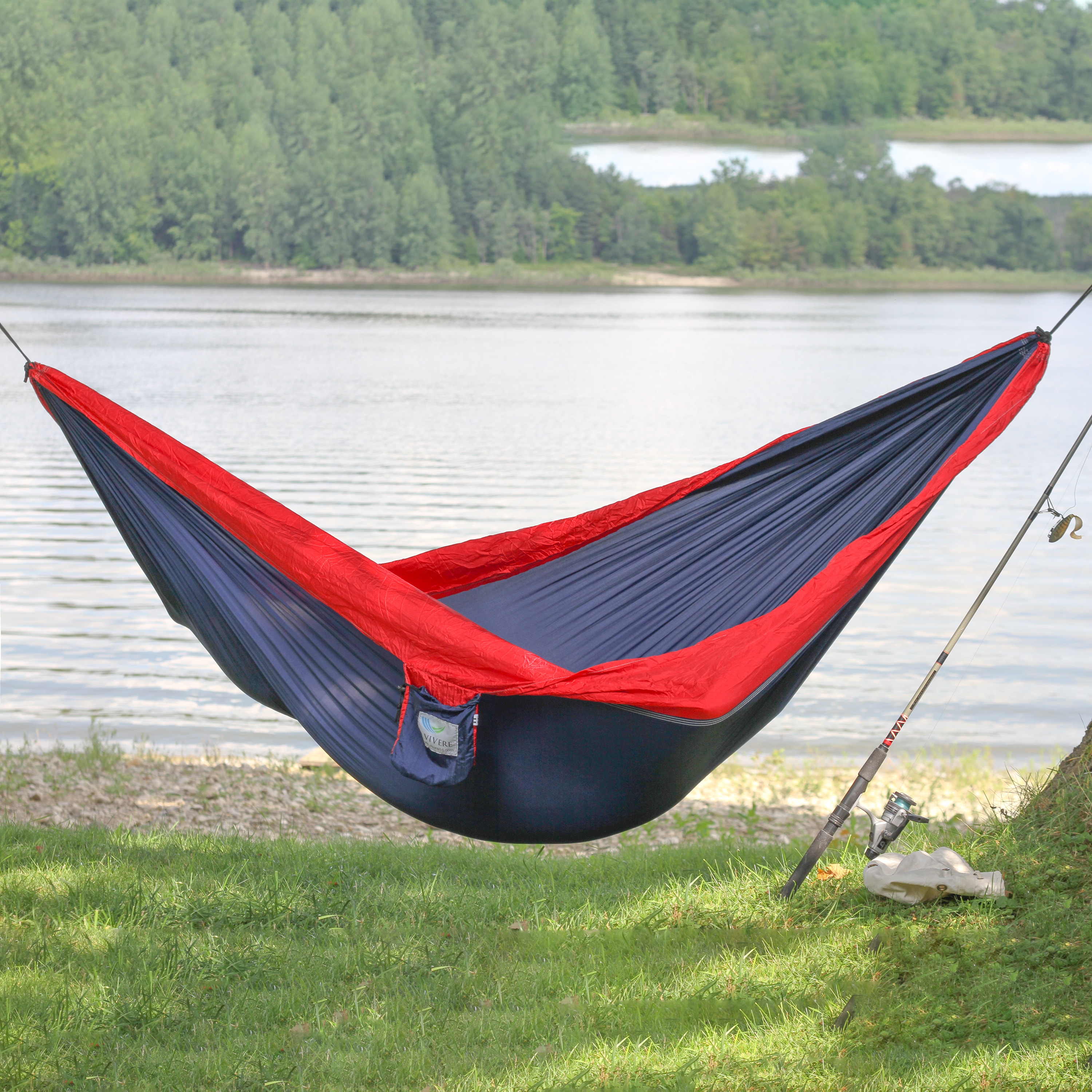 Vivere Double Navy and Red Nylon Hammock Bed