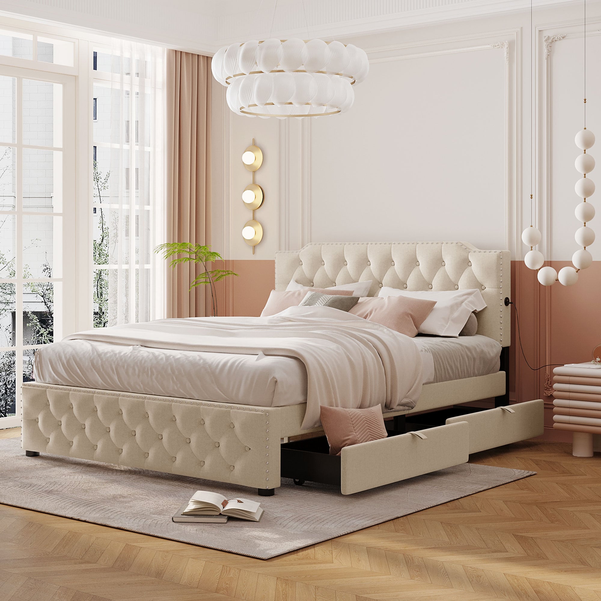 ModernLuxe L3P-SF000041AAA Queen Size Upholstered Platform Bed with 2 Drawers and 2 sets of USB Ports on each side Linen Fabric Beige