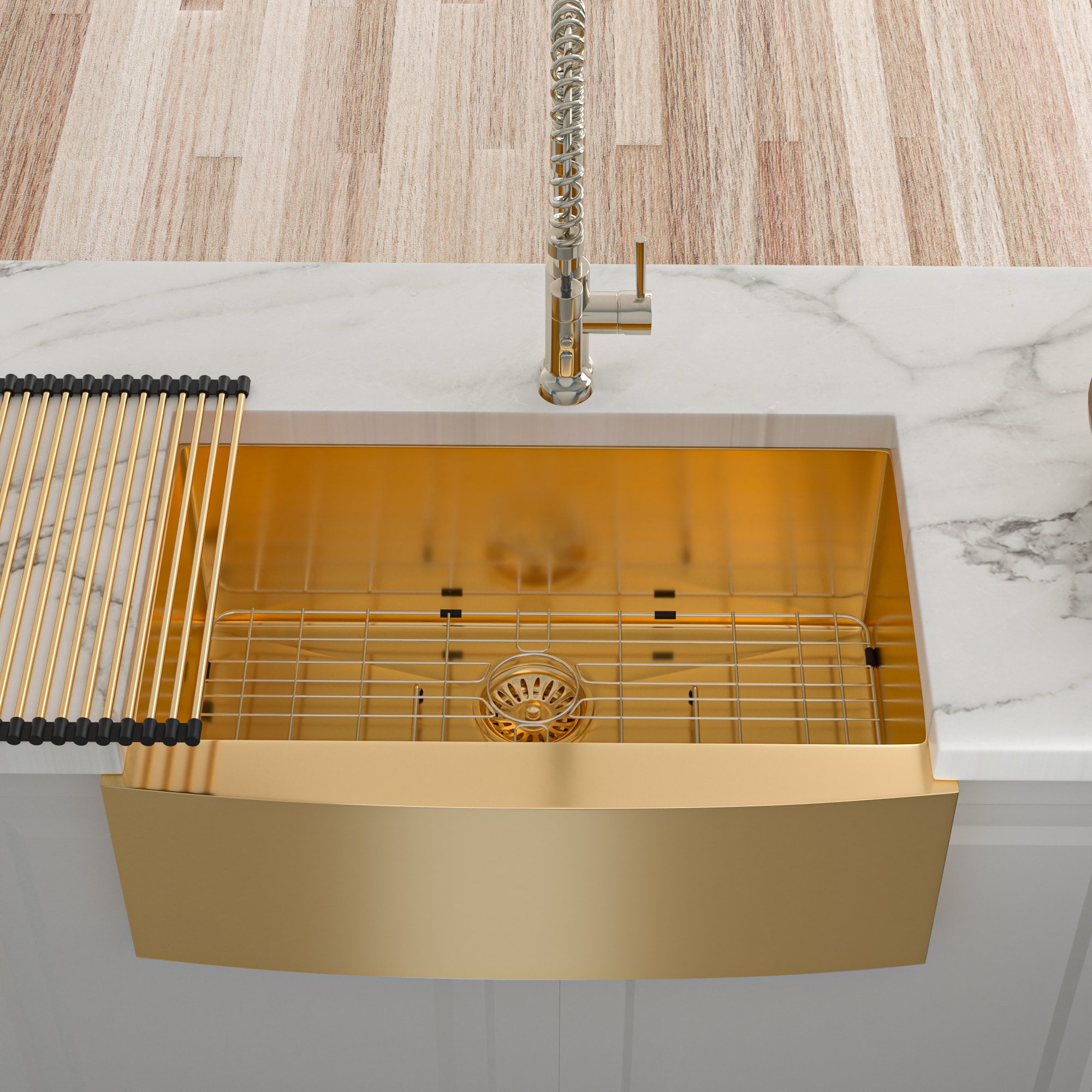 Afhocomp Farmhouse apron front 30-in x 21-in Stainless Steel 16 Gauge Single bowl Kitchen Sink in Gold