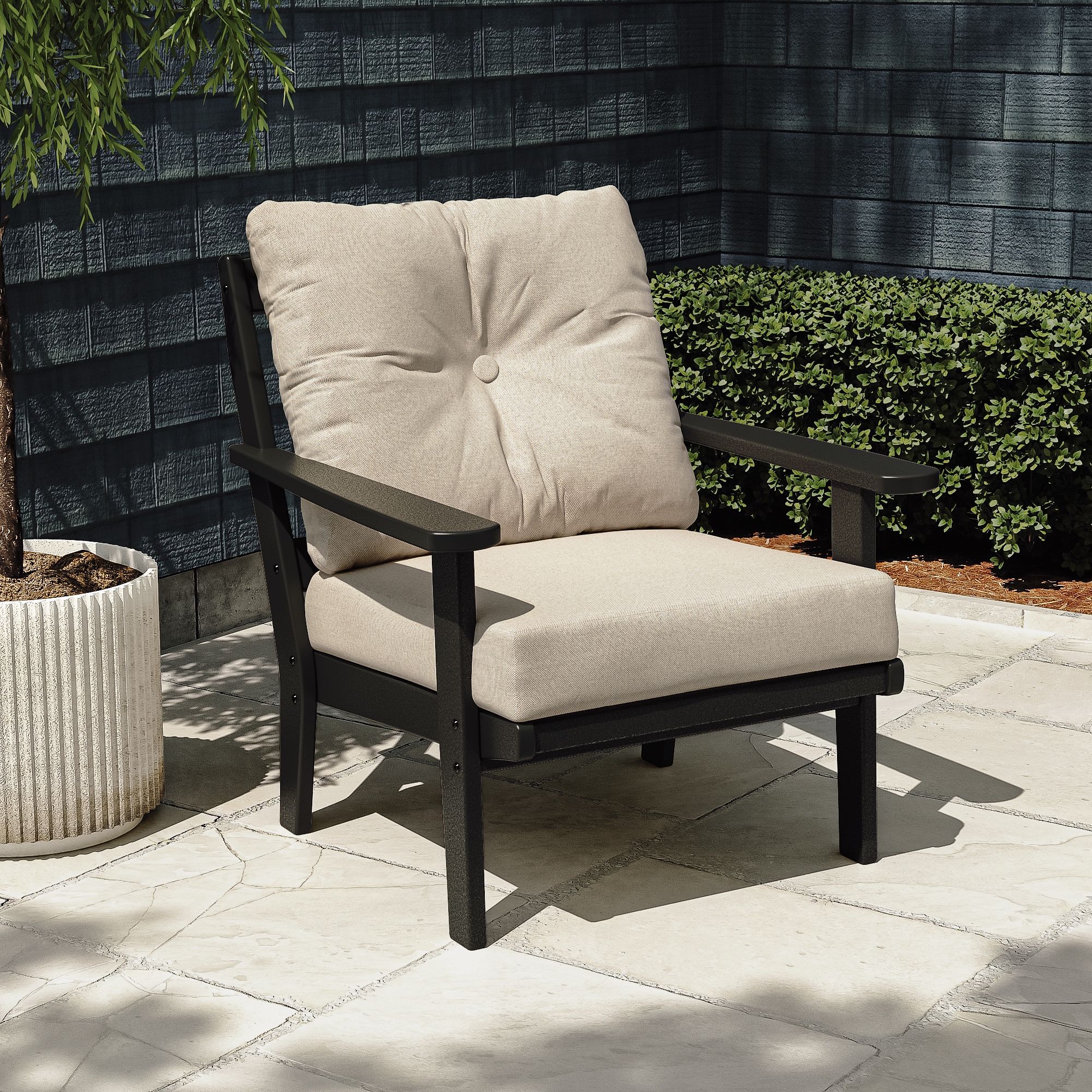 Trex Outdoor Furniture TX4431-CB145999 Cape Cod Charcoal Black HDPE Frame Stationary Conversation Chair with Tan Cushioned Seat