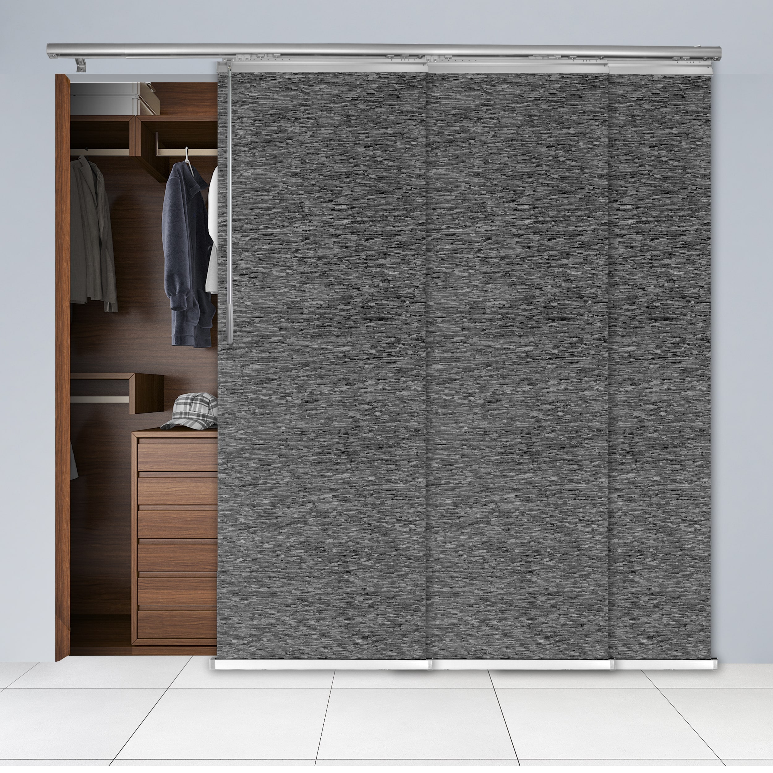 Hart & Harlow L-T24-3-3P22A 3-Panel Single Rail 23.5-in Slat Width 66.0-in x 91.4-in Cordless Aegean Fabric Light filtering Panel track blinds
