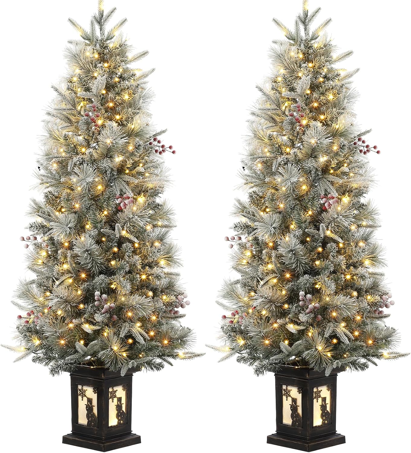 Der Rose PHO-0WIP7T4O-HF2 4.5FT Artificial Potted Christmas Tree with Lights Pre Lit Snow Flocked Christmas Tree with 12 Pre Decorated Red Berries 286 Pe PVC Mixed Branch Tips and 200 Lights for Home Decoration Snowman