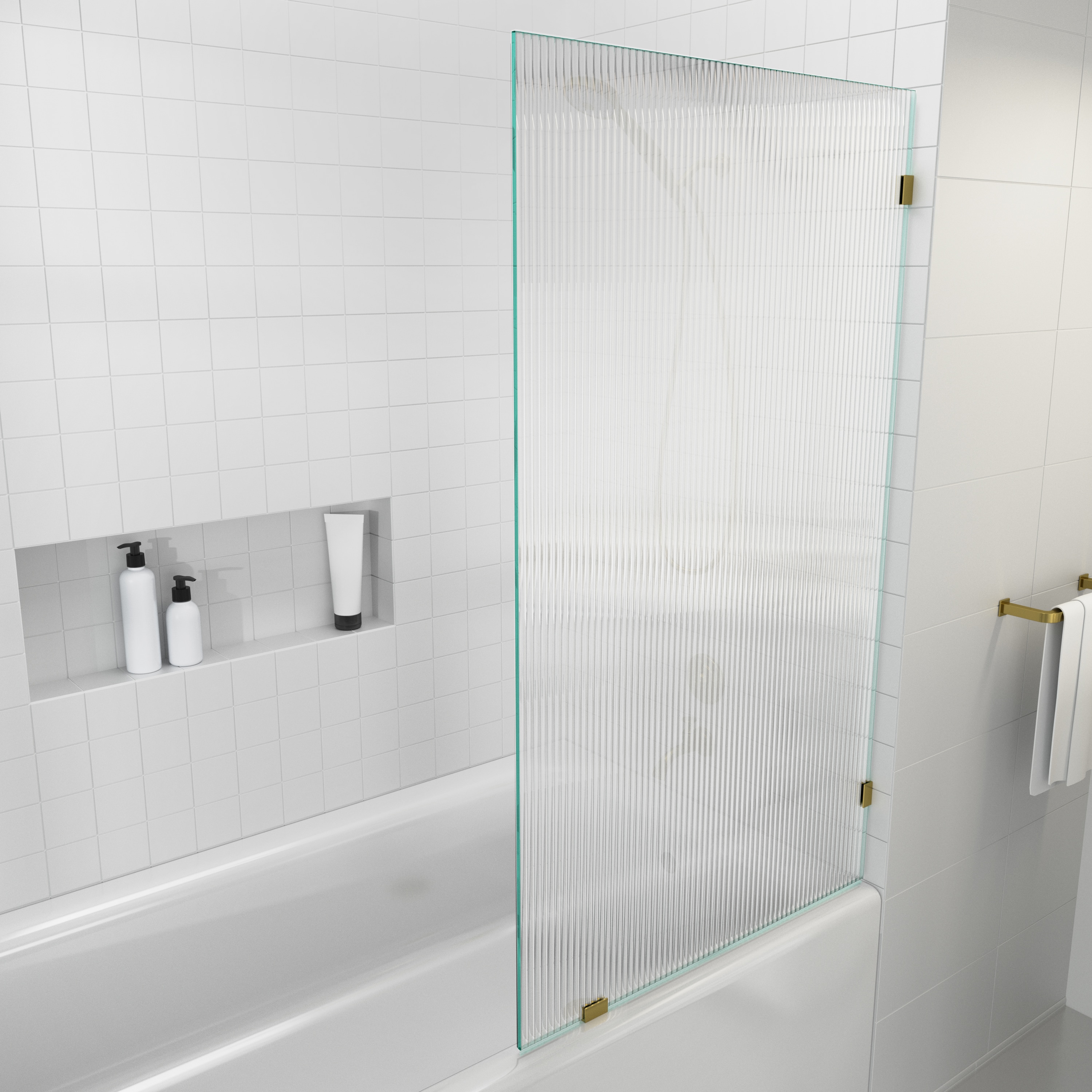 Glass Warehouse B-FL-34-SB Gaia Satin Brass 34-in W x 58.25-in H Frameless Fixed Bathtub door 3/8-in Thick Fluted Glass