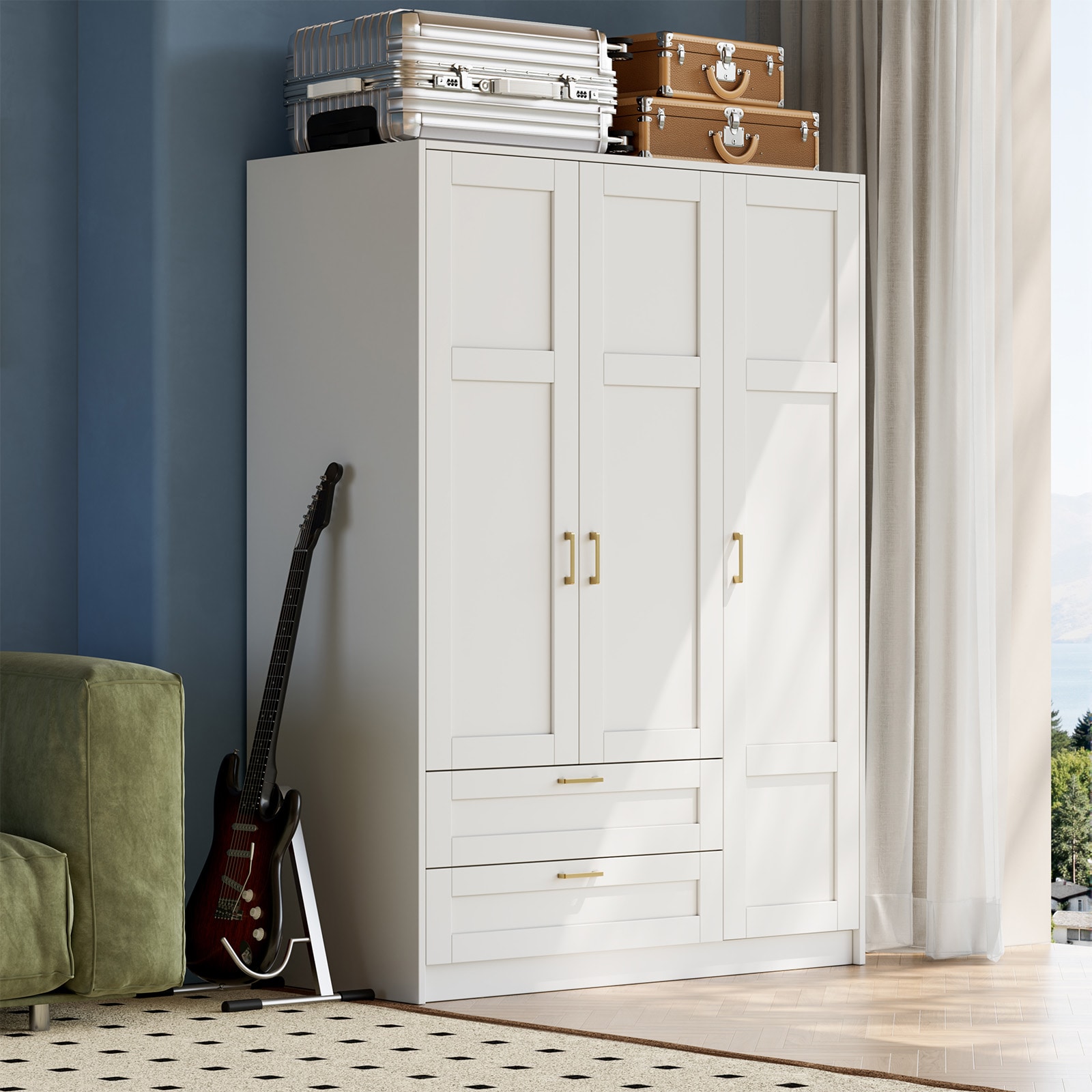 Garvee MDF Wardrobe Armoire 3 Door 2 Drawer Large Bedroom Closet Storage Cabinet 120 CM Wide Black White #WHITE WCXXXBR