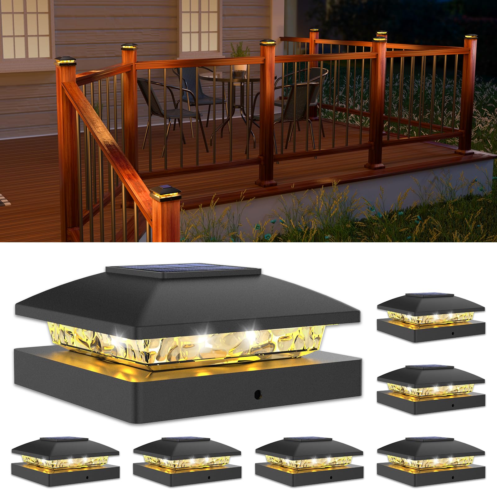 Afoxsos  4x4 Solar Post Cap Light 6 pack Outdoor Waterproof Warm White LED for Wooden Vinyl Fence Deck Garden Patio Porch Easy Install