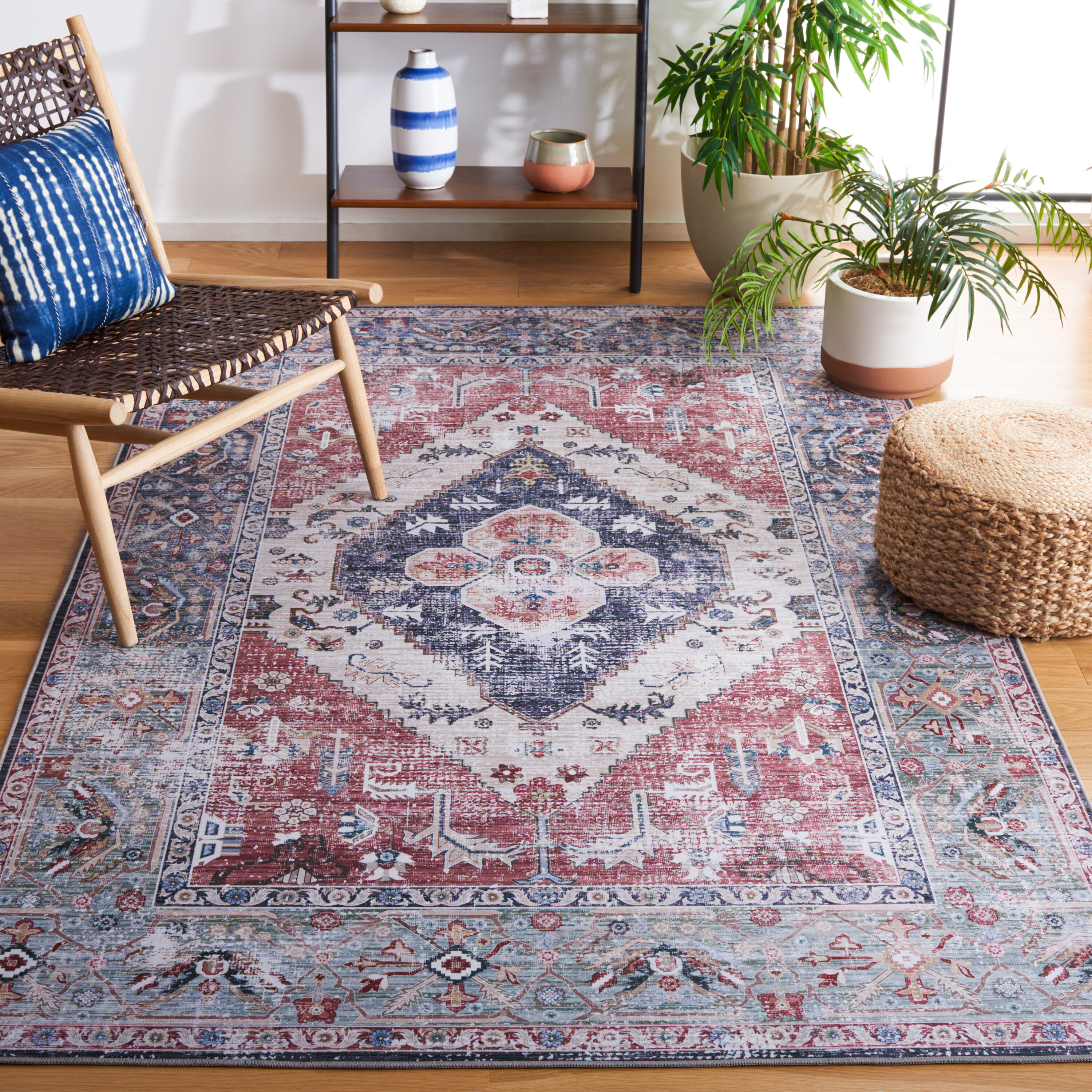 Tucson 172P Rust Navy Machine Washable/Slip Resistant 4ft x 6ft Traditional Rug