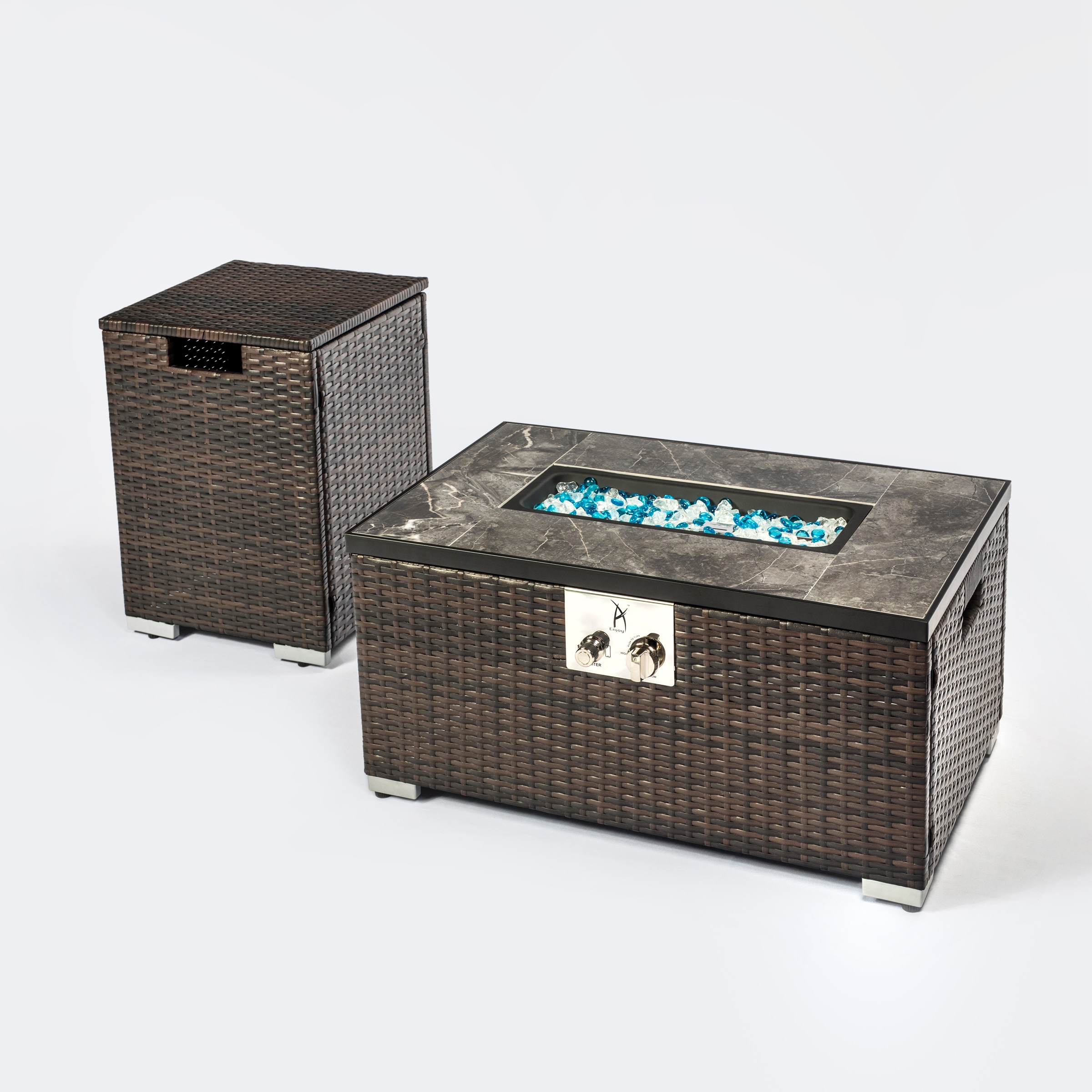Kahomvis AS-QPW8-002 32-Inches W Brown Wicker Rectangle Liquid propane Fire pit kit