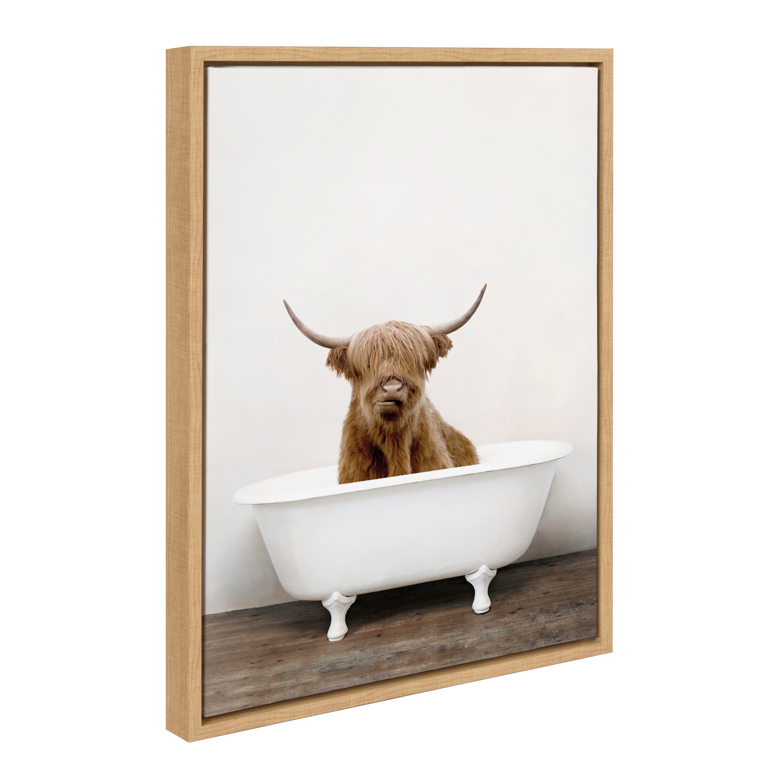 Kate and Laurel Highland Cow In Tub Color Amy Peterson Brown Framed 24-in H  x 18-in W Animals Print on Canvas in the Wall Art department at