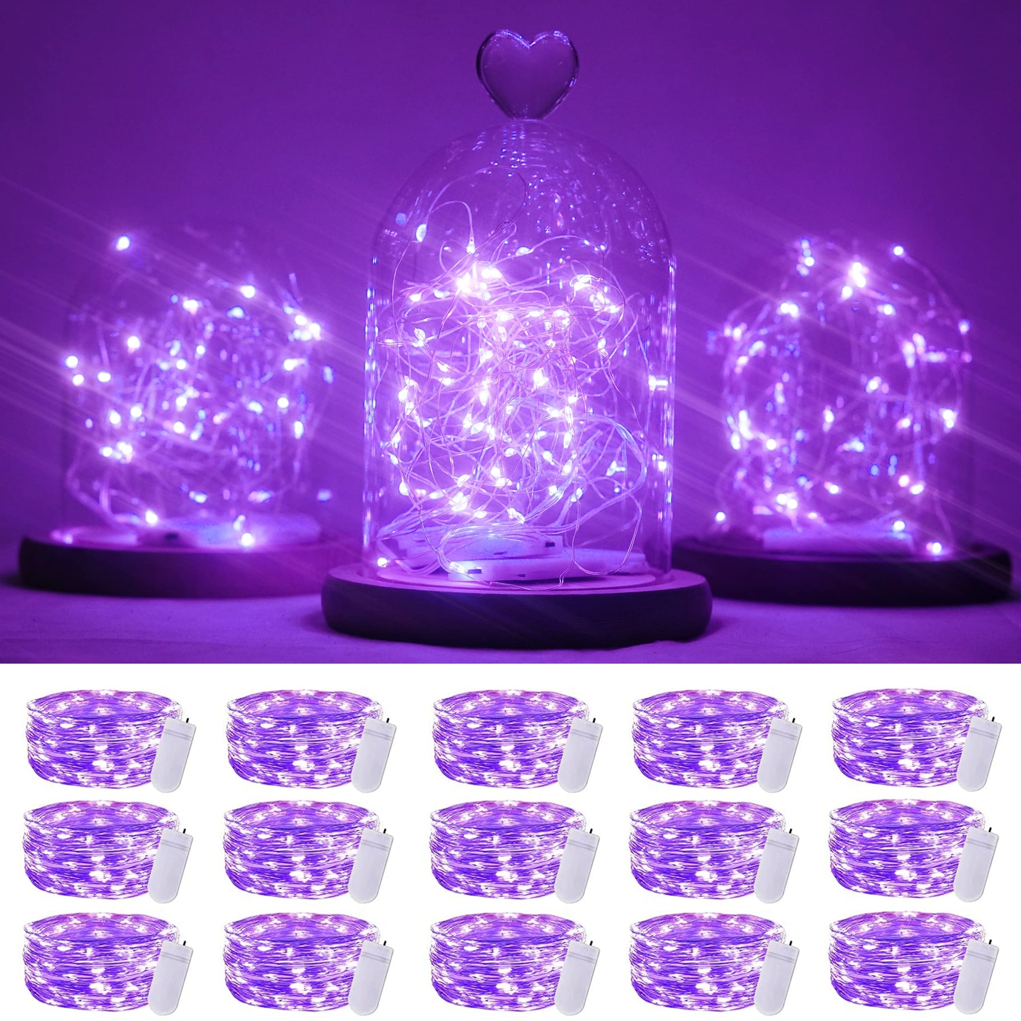 Adrinfly  Purple Fairy Lights 15 Packs 20 LED power cell Operated 6.6ft Silver String Lights Waterproof for Wedding Halloween Christmas Party