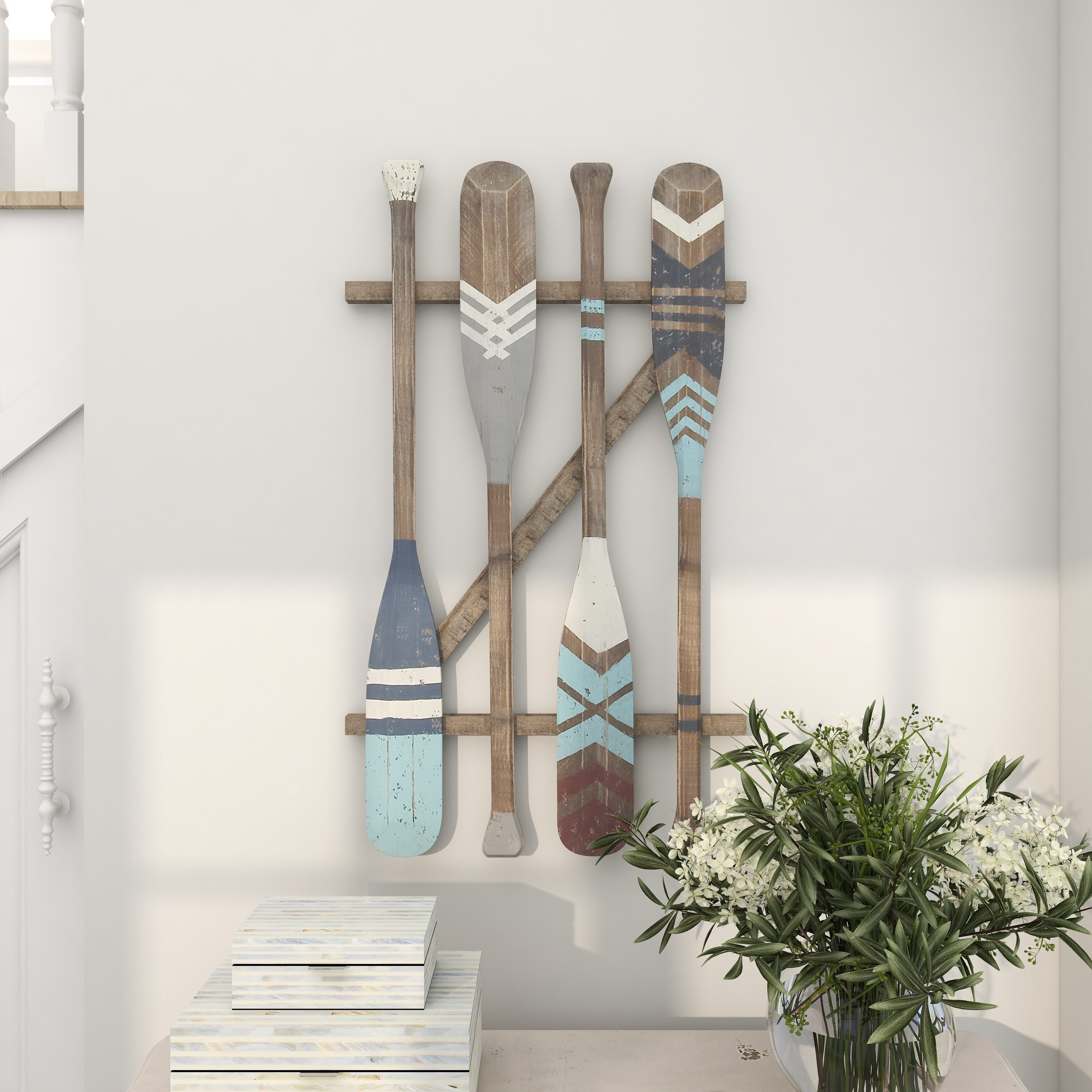 Brown and Blue Fir Wood Canoe Oar Wall Decor