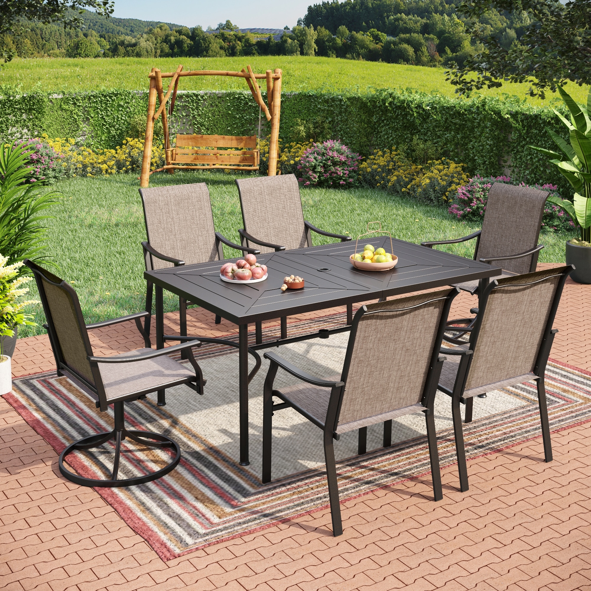 Sunshine Valley TC7-E02GF115-104 Outdoor Table and Chairs 7 -Piece Black Patio Dining Set Steel Rectangle Table with 6 Gray Stationary Chairs