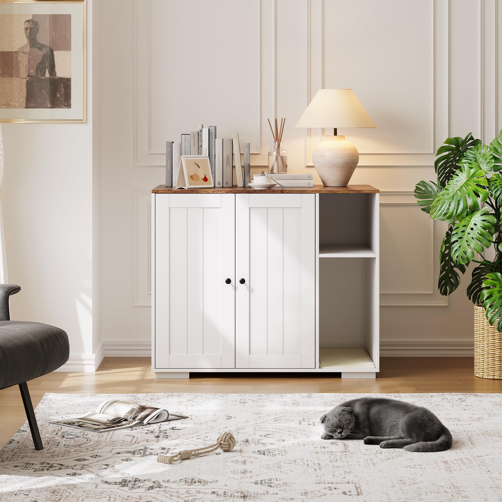 0 - Large Litter Box Enclosure with Litter Collector and Dog Proof Shelf Hidden Litter Box Furnit...