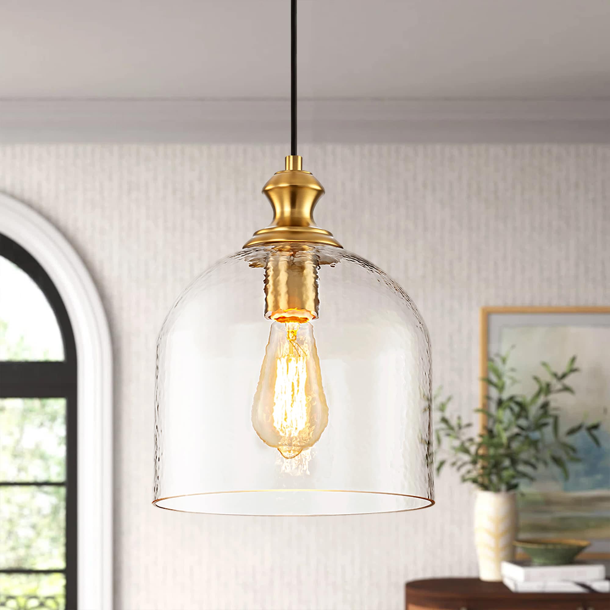 Y'INSP 1073952 Ellis 1 -Light Brushed Gold Industrial Textured glass Bell Medium Hanging Pendant light