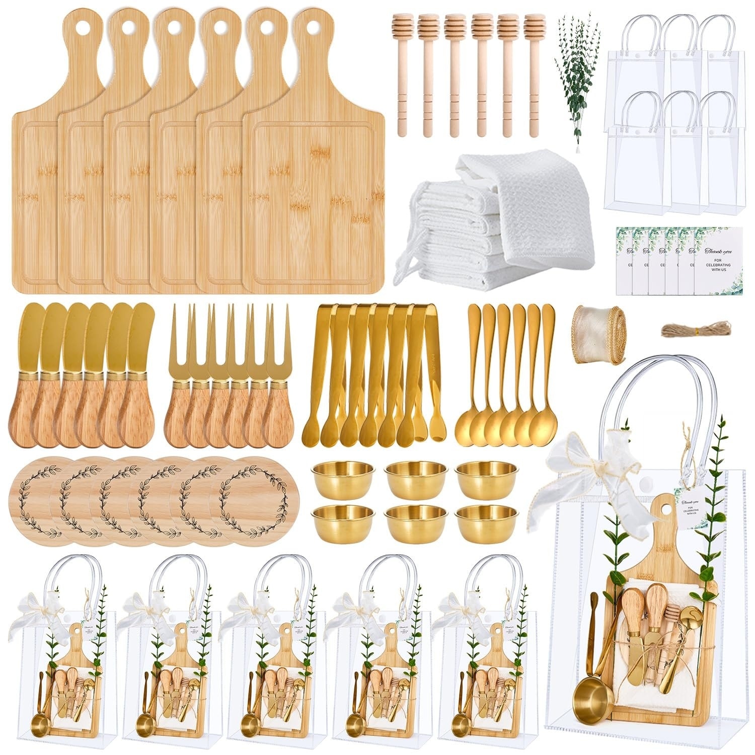 Aoibox  80 Piece Charcuterie Gift Set 6 Bamboo Boards Honey Dippers Stainless Steel Tools and Gift Bags 80Pcs