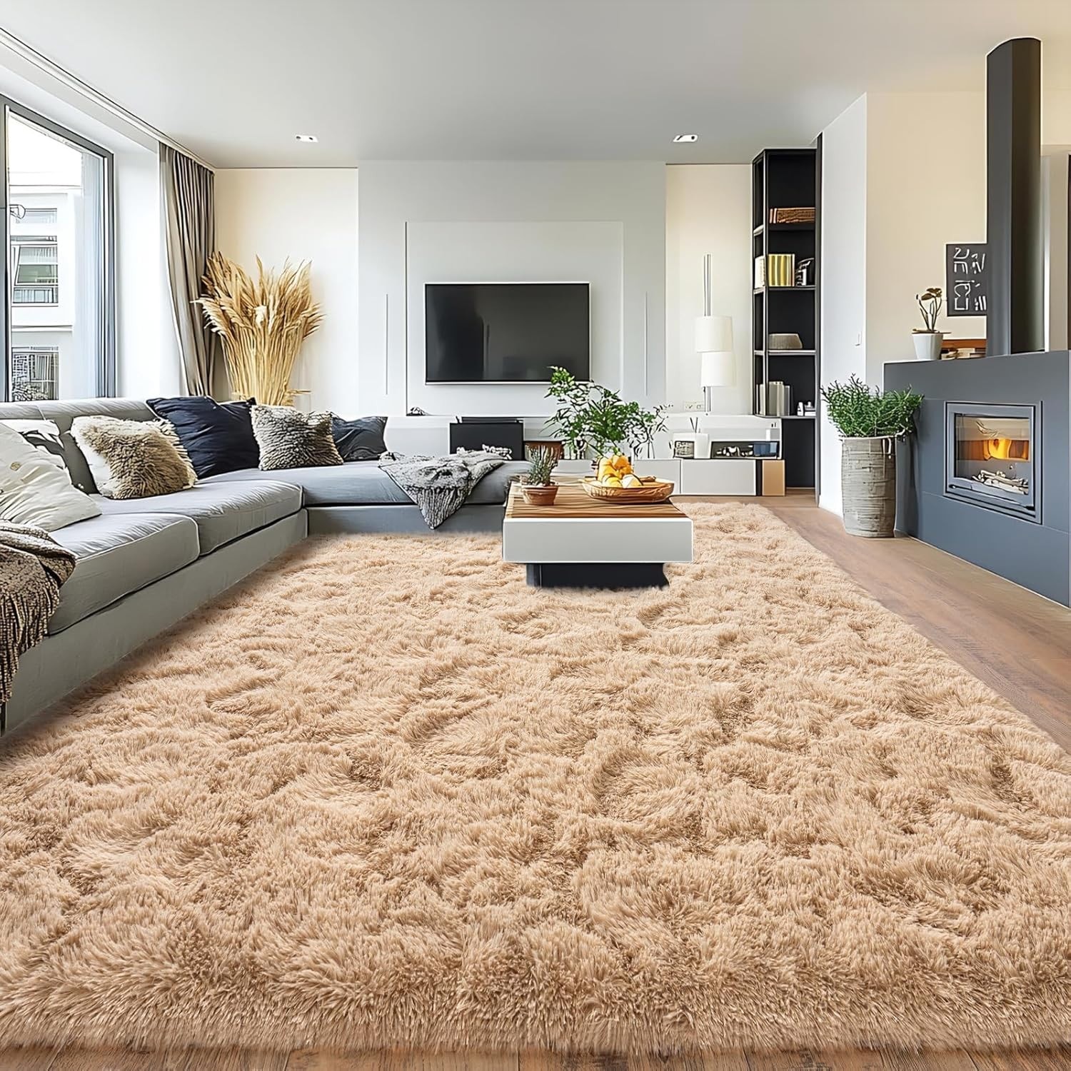 WISH TREE Beige Area Rugs for Living Room 10x14 Feet Soft Rug for Bedroom Modern Fluffy Plush Carpet for Room Dorm Home Decor