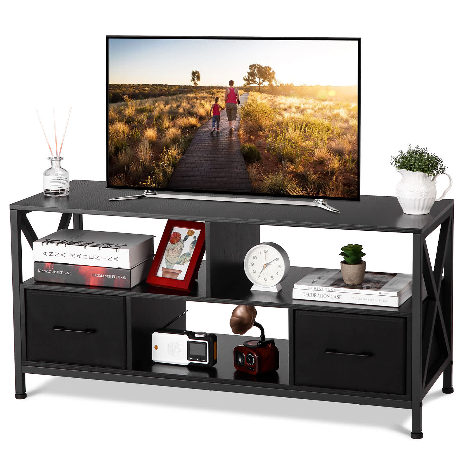 Qeetex JXNAG-PHO-10EZRVU2 TV Stand for 50 Inch TV Entertainment Center with 2 Fabric Drawer and Open Shelf TV Stand Dresser for Bedroom TV Console Table for Living Room