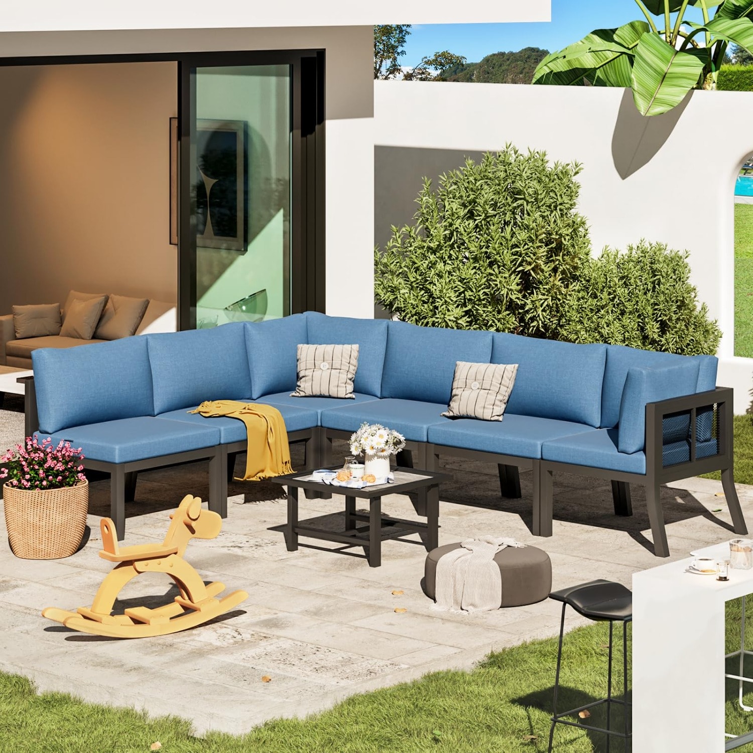 AECOJOY 16317DL-LS01 Conversation Set Outdoor Sectional with Navy Cushions and Iron Frame