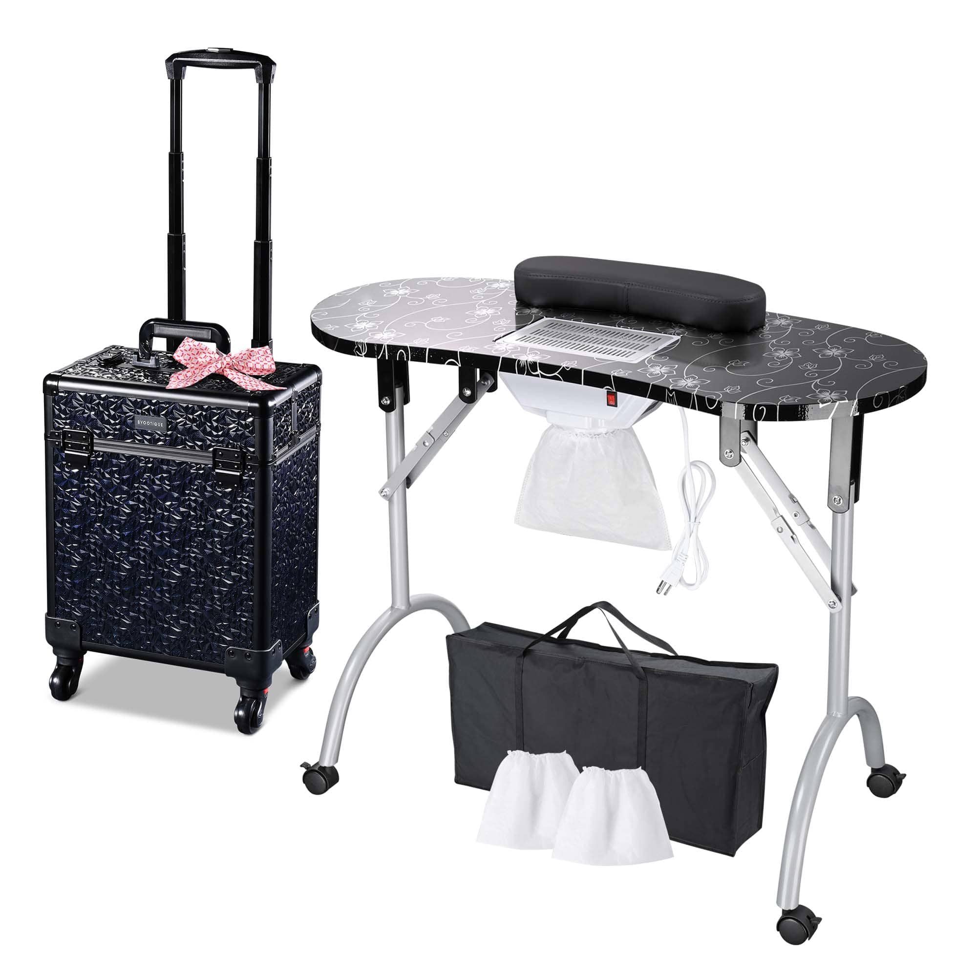 Yescom 12NATSET002-MSB06-LO Byootique Manicure Table Nail Desk and Rolling Makeup Train Case Kit Mermaid Black