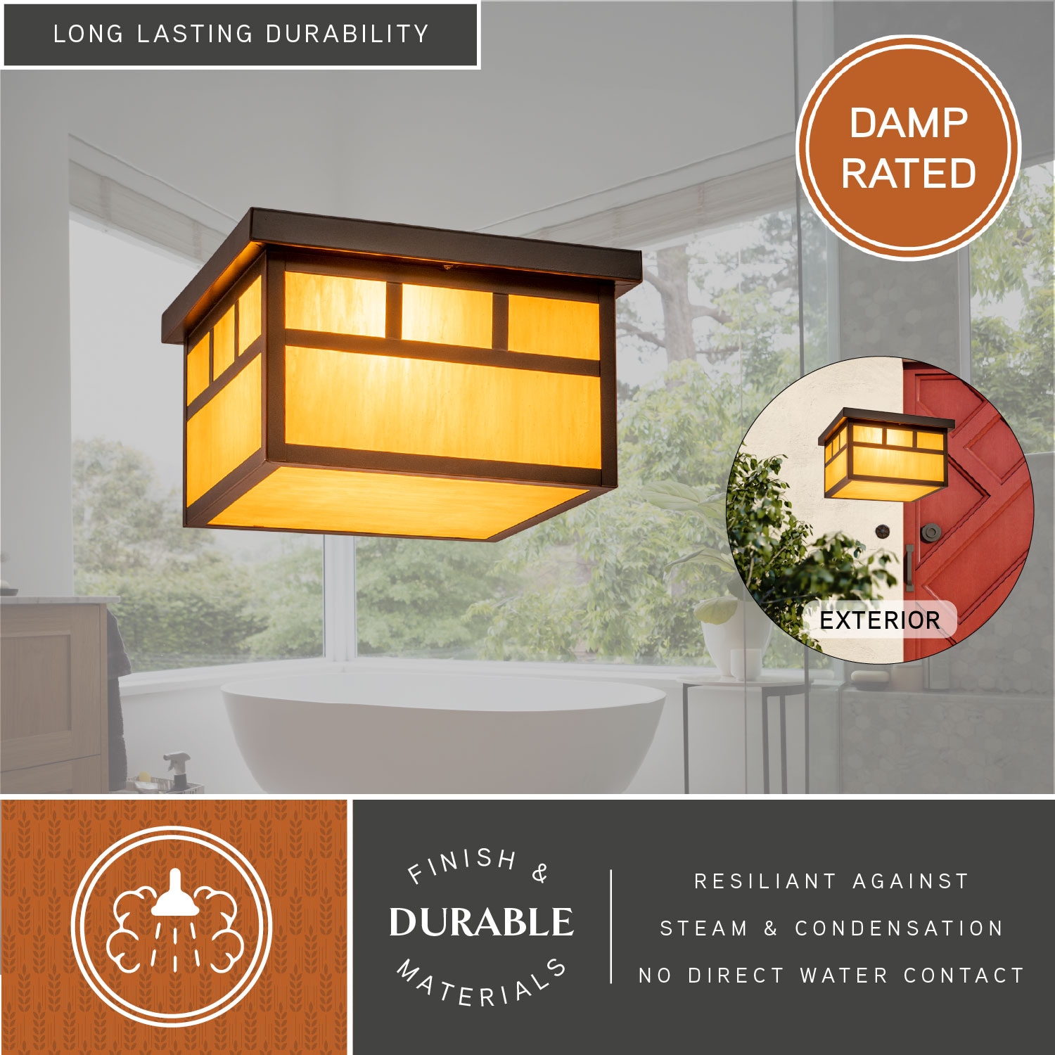 Mission Bronze Square Outdoor Ceiling Light with Honey Glass