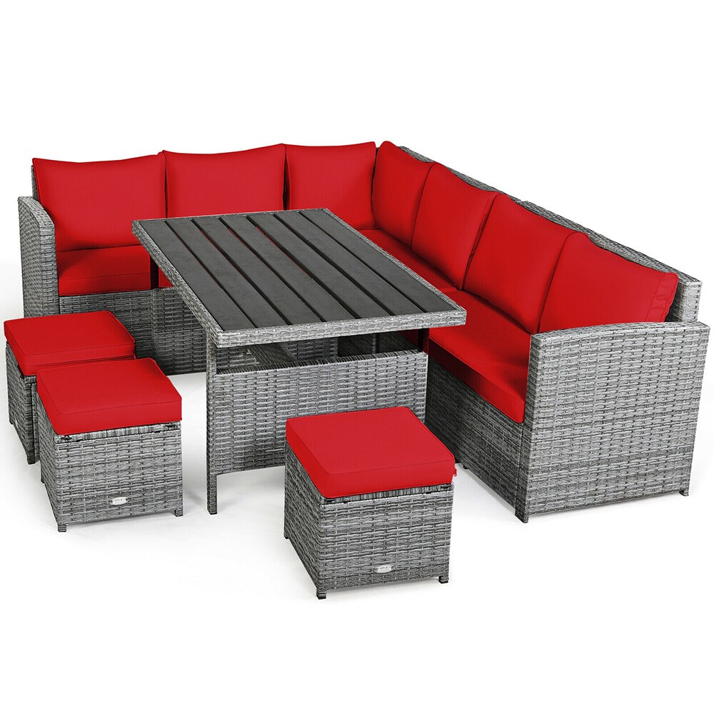 Sunrinx MG51-2-XH 7-Piece Rattan Patio Conversation Set with Red Cushions