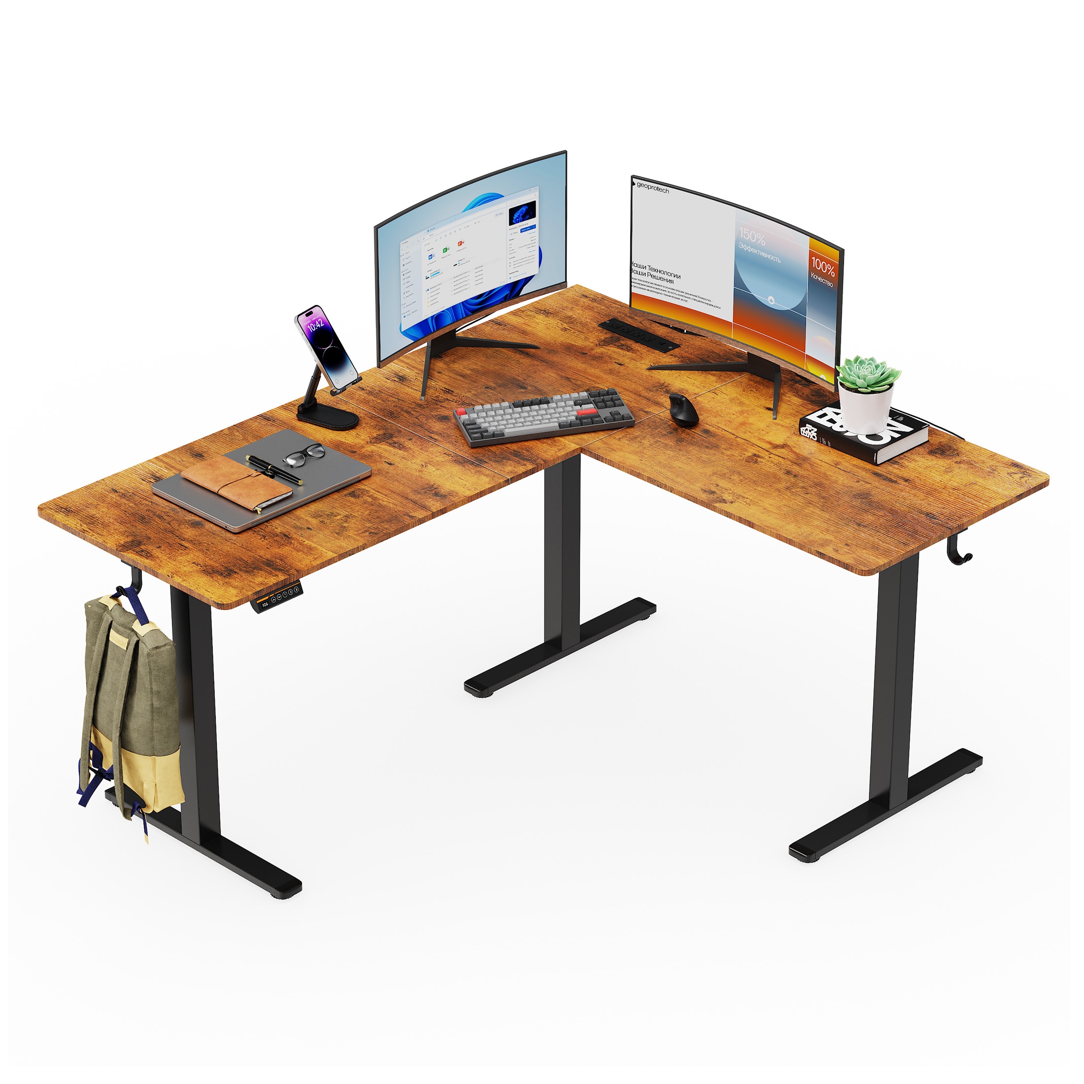 GZMR 63"x55" L-shaped Electric Height Adjustable Corner Desk with 3-Height Memory Presets 63-in Brown Modern/Contemporary L-shaped desk