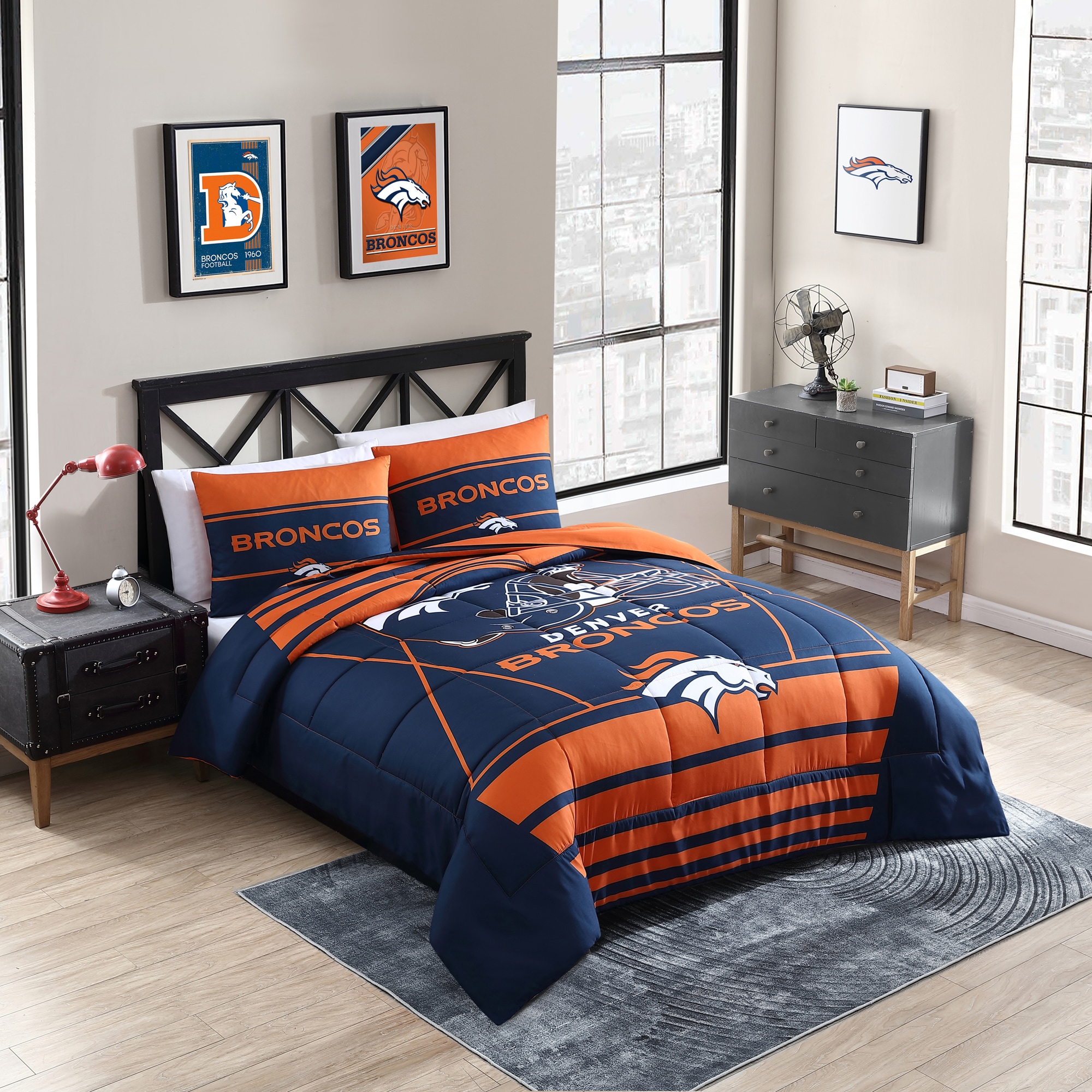 navy blue and orange bedding