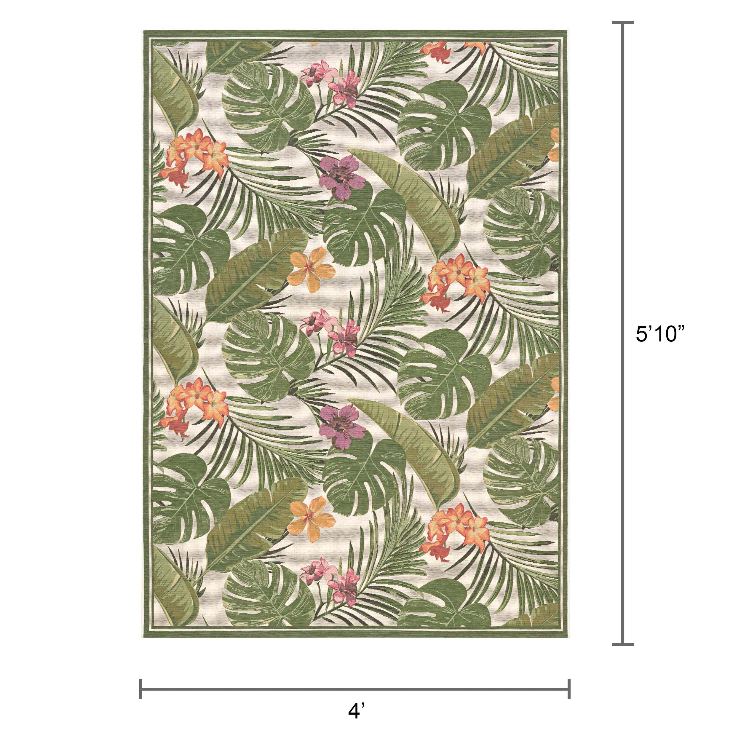 Hunter Green and Ivory Floral Outdoor Area Rug, 4' x 5'10"
