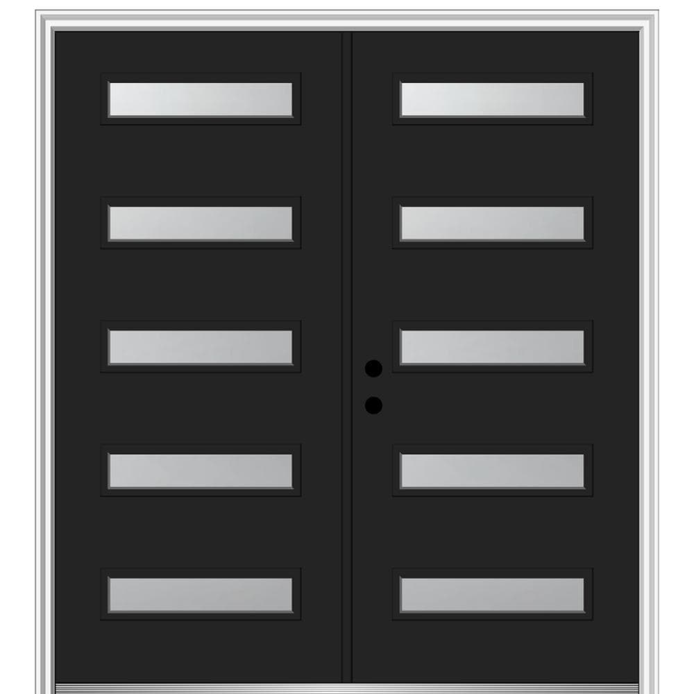 MMI DOOR ZZ350484R Spotlights 64-in x 80-in x 6-9/16-in Fiberglass Full lite Right-hand inswing Black Painted Prehung Double Front Door with Brickmould Insulating core