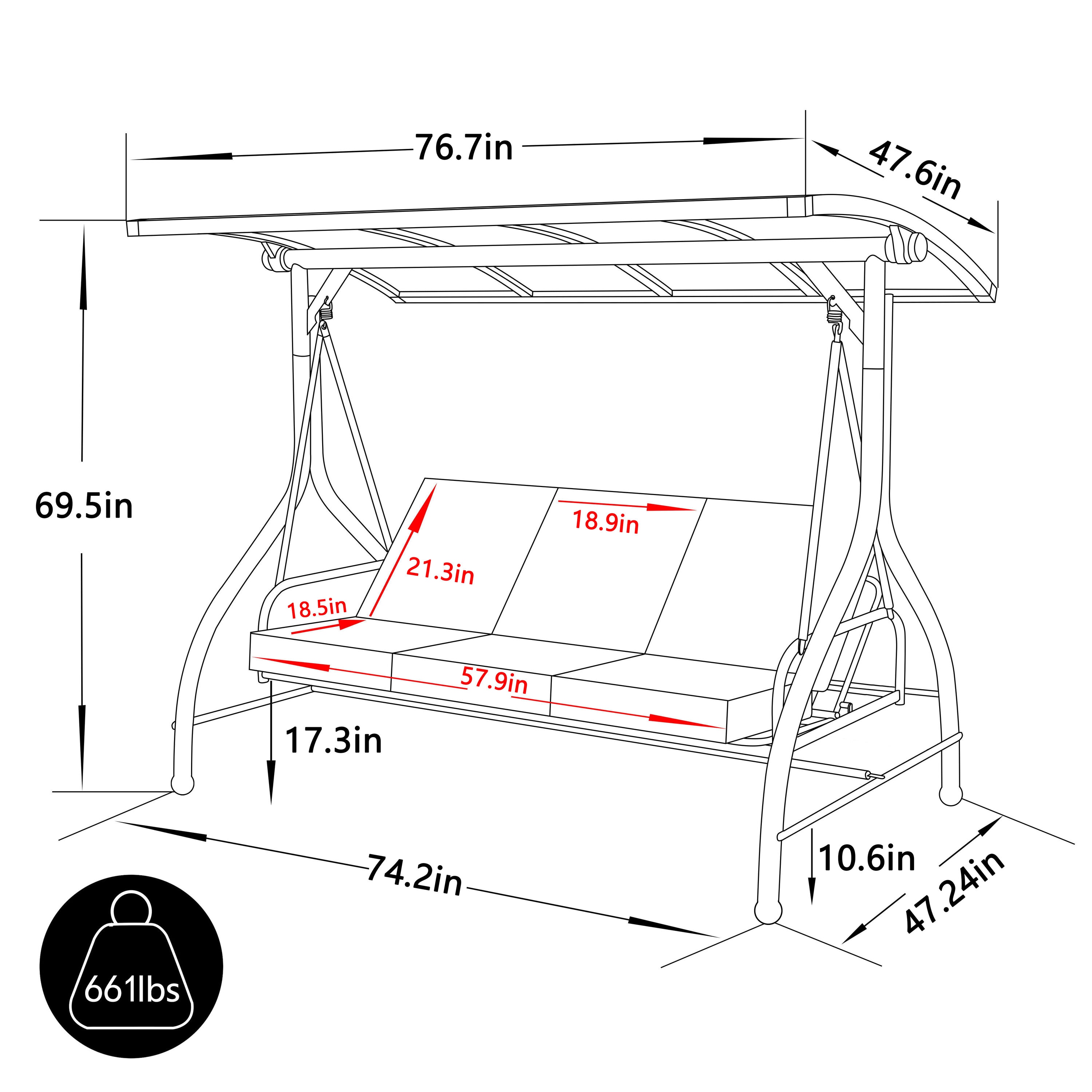 VEIKOUS PC Roof 3-person Gray Steel Outdoor Swing Bed PG0210