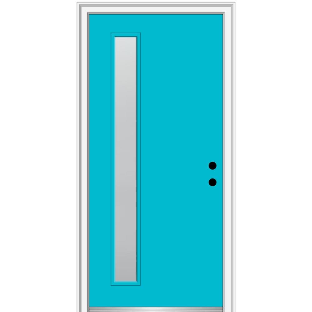 MMI DOOR ZZ347229L Spotlights 32-in x 80-in x 4-9/16-in Fiberglass Pulse lite Left-hand inswing Bahama Blue Painted Prehung Front Door with Brickmould Insulating core