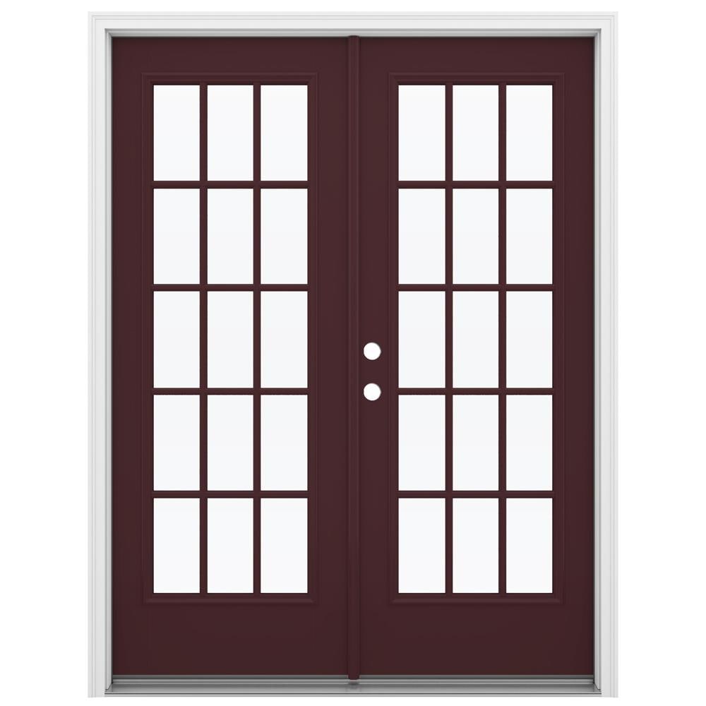 JELD-WEN 60-in x 80-in Low-e Simulated Divided Light Currant Fiberglass French Right-Hand Inswing Double Patio Door Brickmould Included in Red -  LOWOLJW184100032