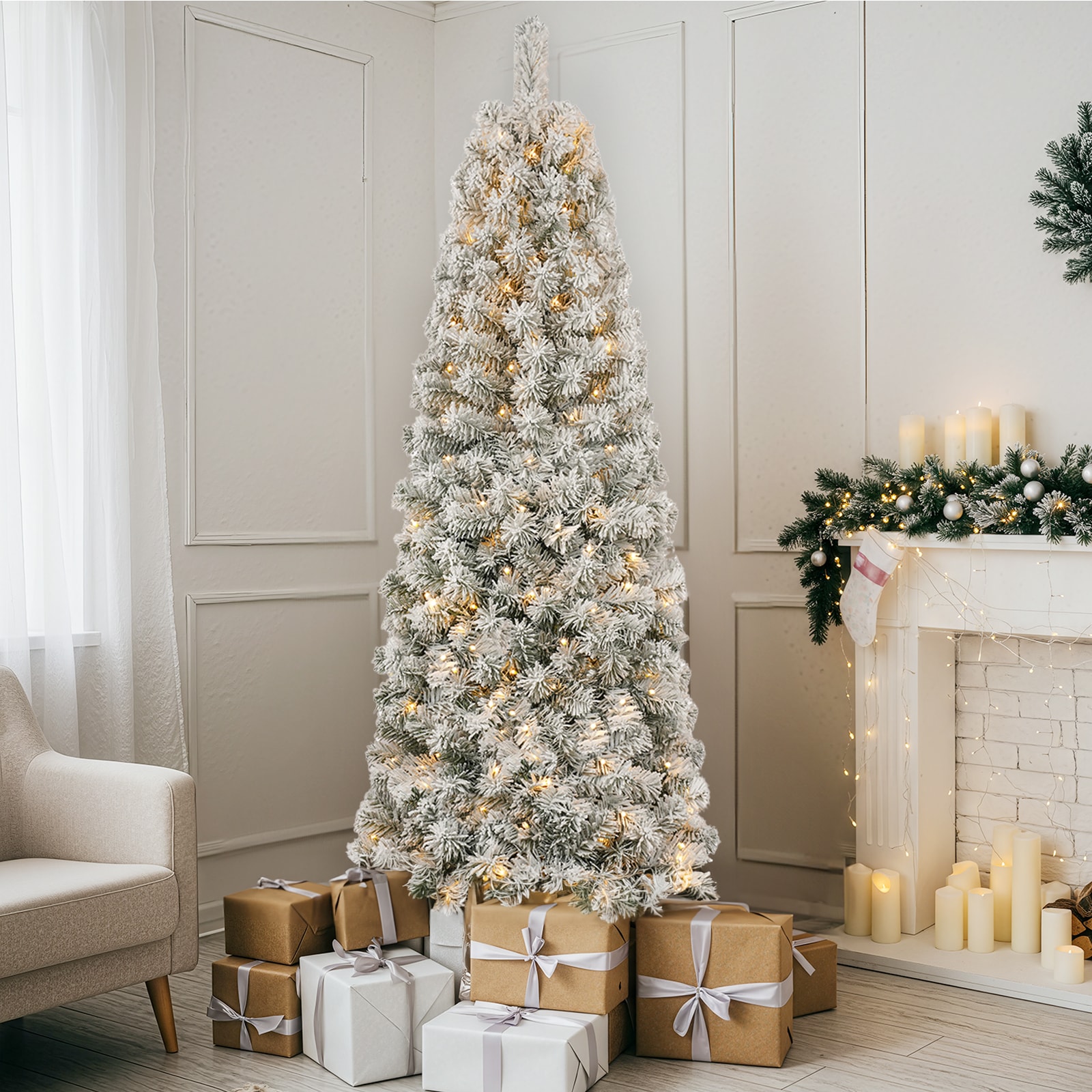 Serwall SW-A122-008-6FT Pre-Lit 6FT Snow-Flocked Christmas Tree with Warm White Lights and Metal Stand