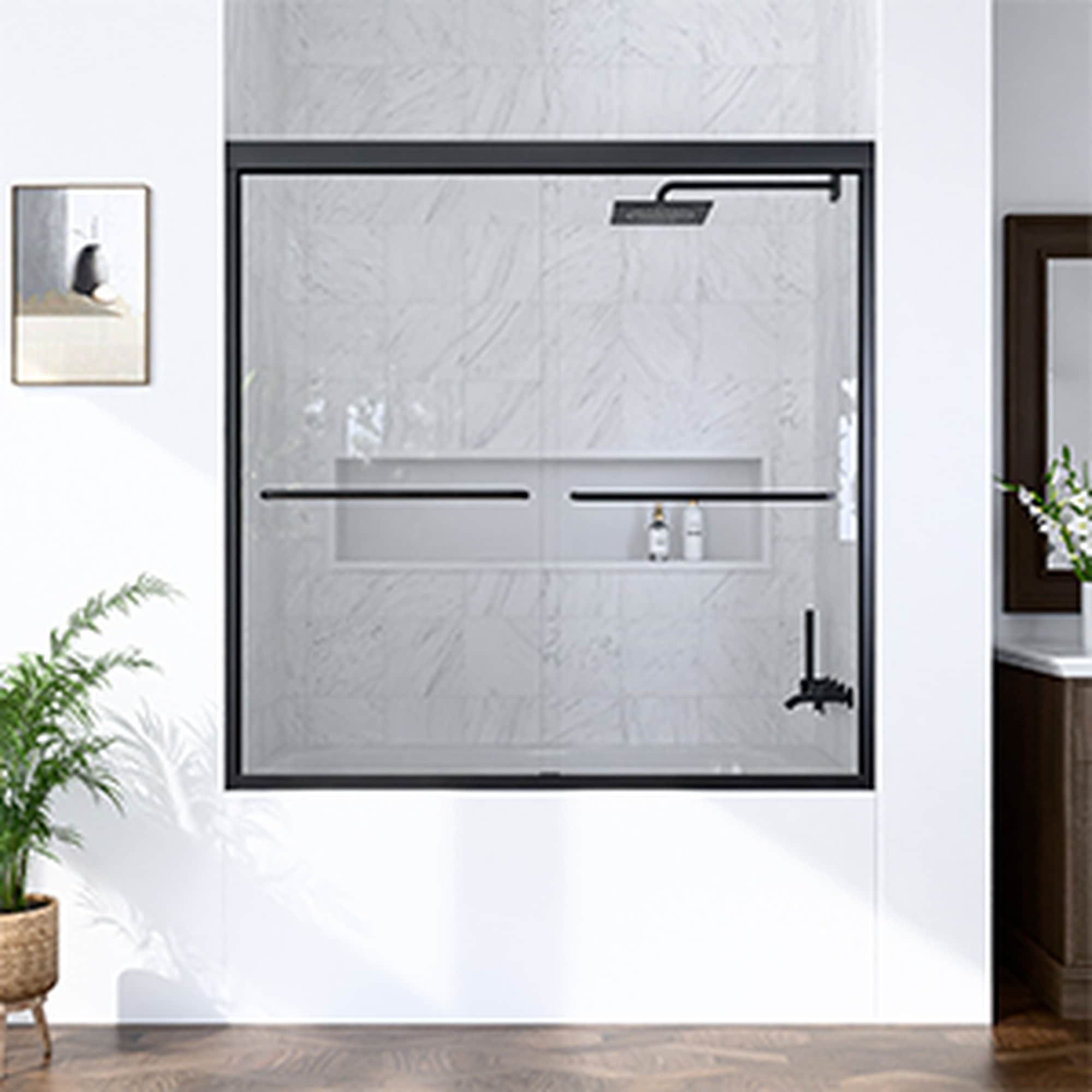 HyperDrop Cart 56-in to 60-in W x 60-in H Matte Black Semi-Frameless SGCC Clear Tempered Glass Double Sliding Bathtub Door