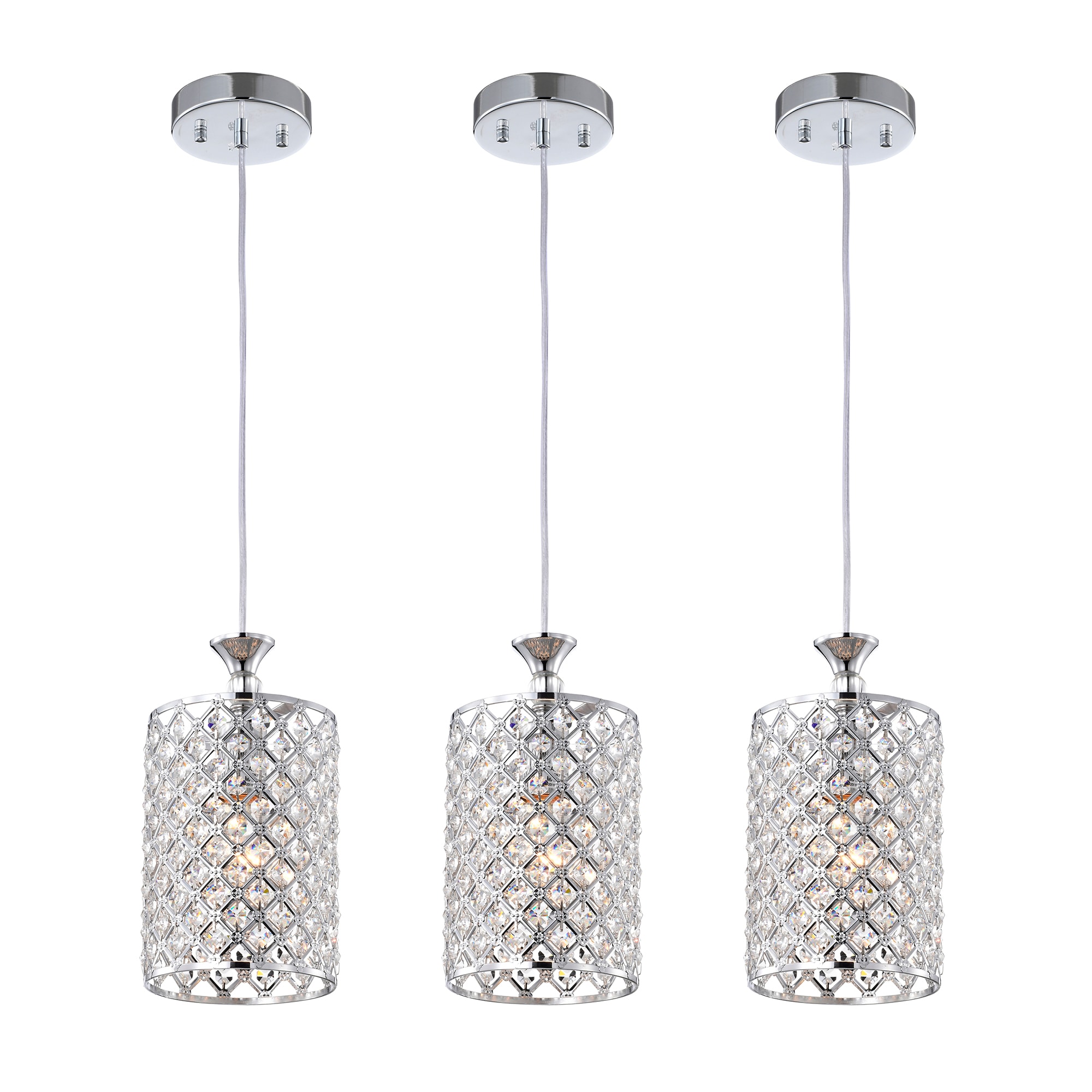 Edvivi Marya 60-Watt 1-Light 6 in. Chrome Round Beaded Drum Pendant Lighting Fixture with Crystals for Kitchen Island (3-Pack)