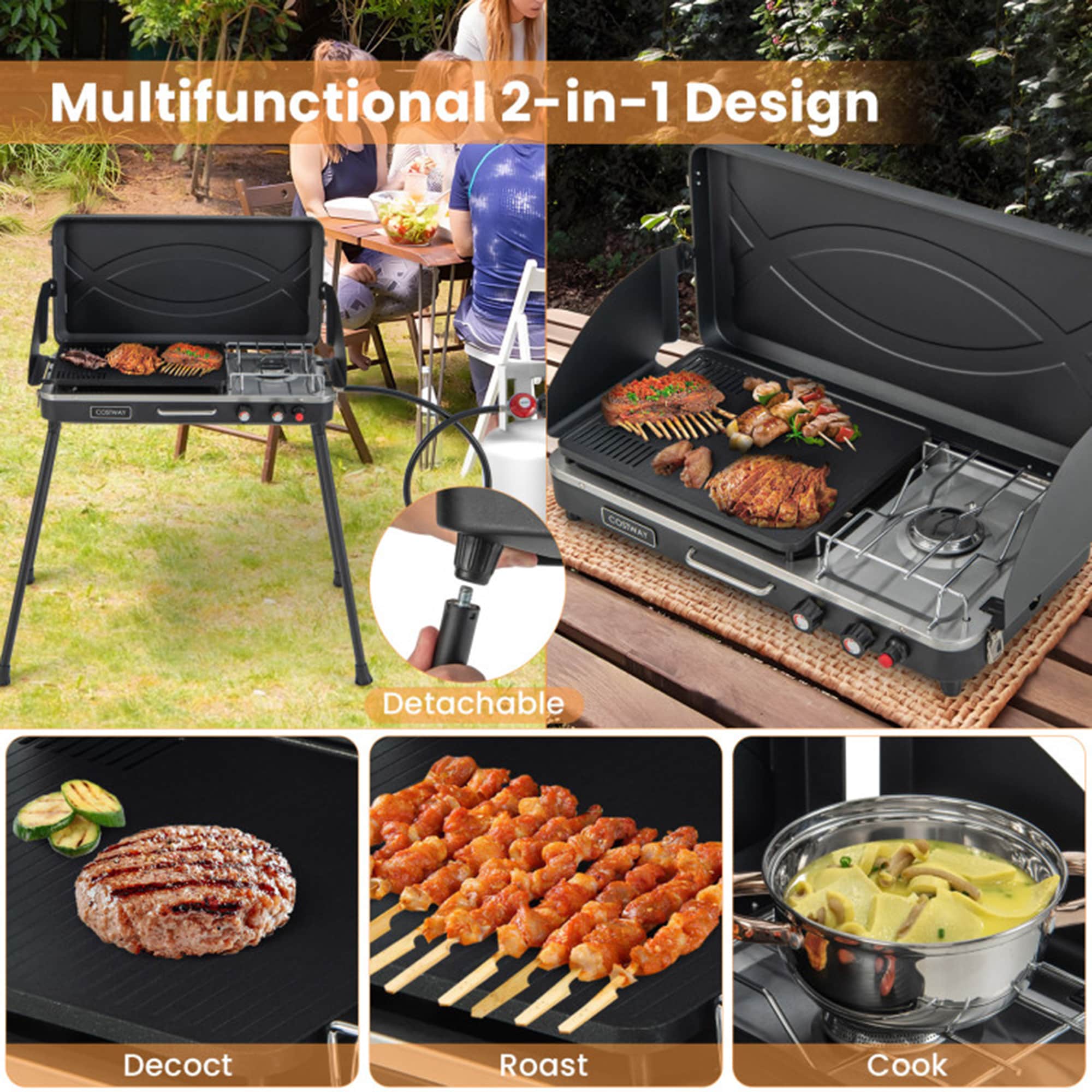 Black Portable Propane Gas Grill with Detachable Legs
