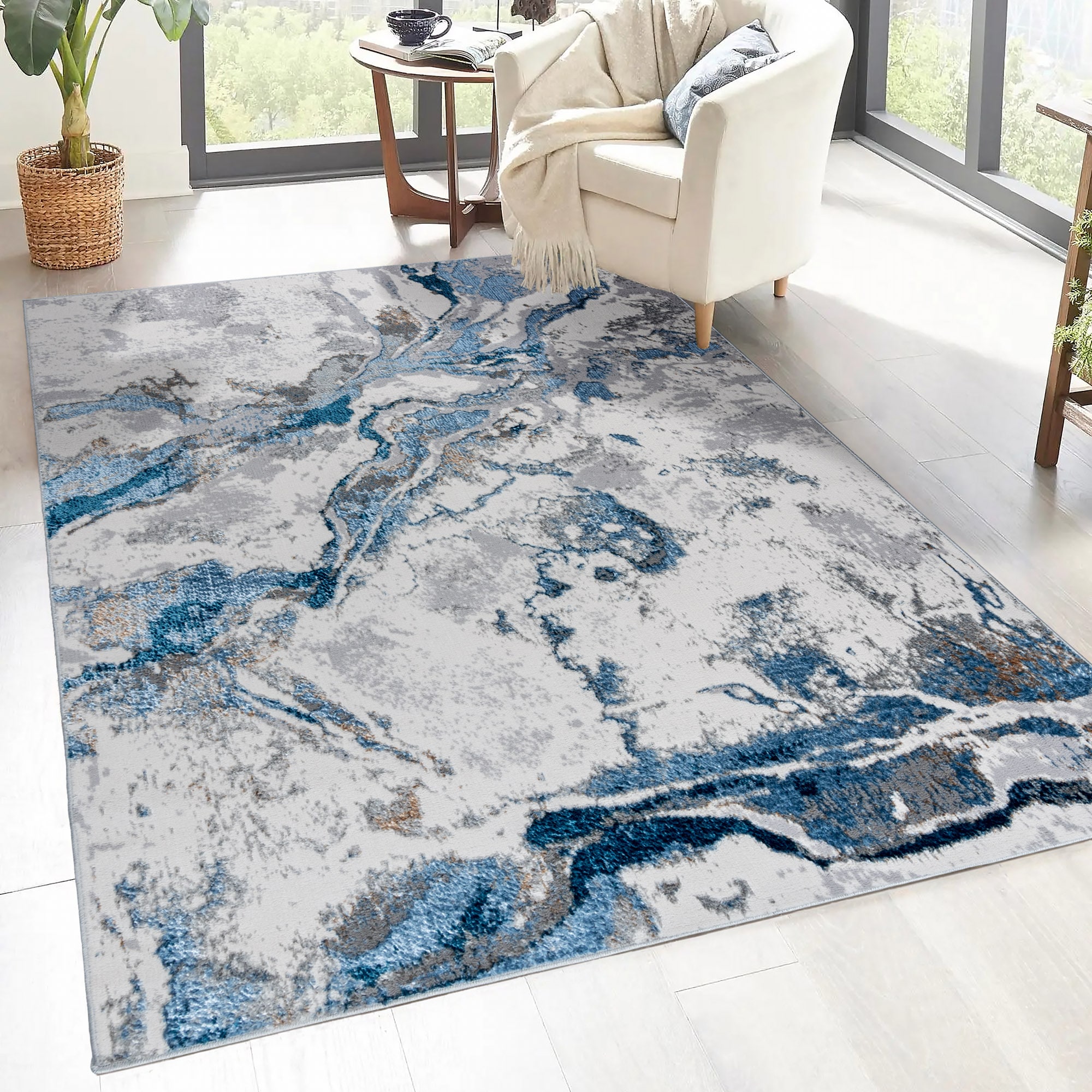 Style Selections 28262 Nightsky Marble 4 x 6 (ft) Polyester/Polypropylene Blue Gray Rectangular Indoor Geode Area rug