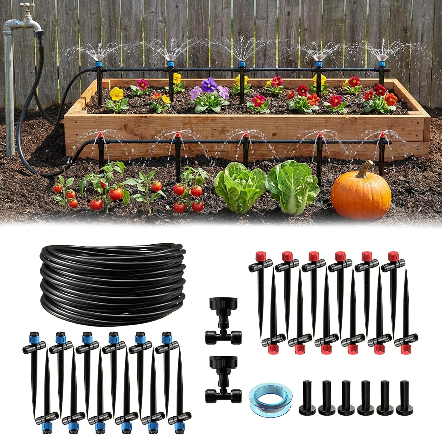Misopily  118FT Drip Irrigation Kit Quick Connect Garden Watering System with 24 Drip Emitters and Quarter Inch Tubing for Lawn Raised Bed
