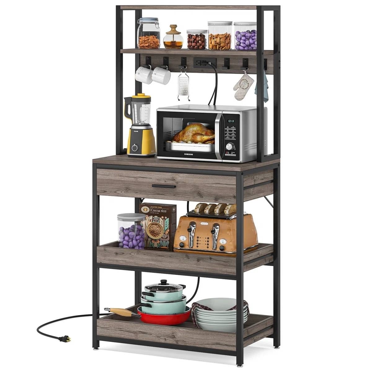 Slickblue Modern Bakers Rack Kitchen Shelving Unit with Pull Out Shelves Drawer and Power outlets for Kitchen Dining Room Bathroom or Living Room - Gray/Brown
