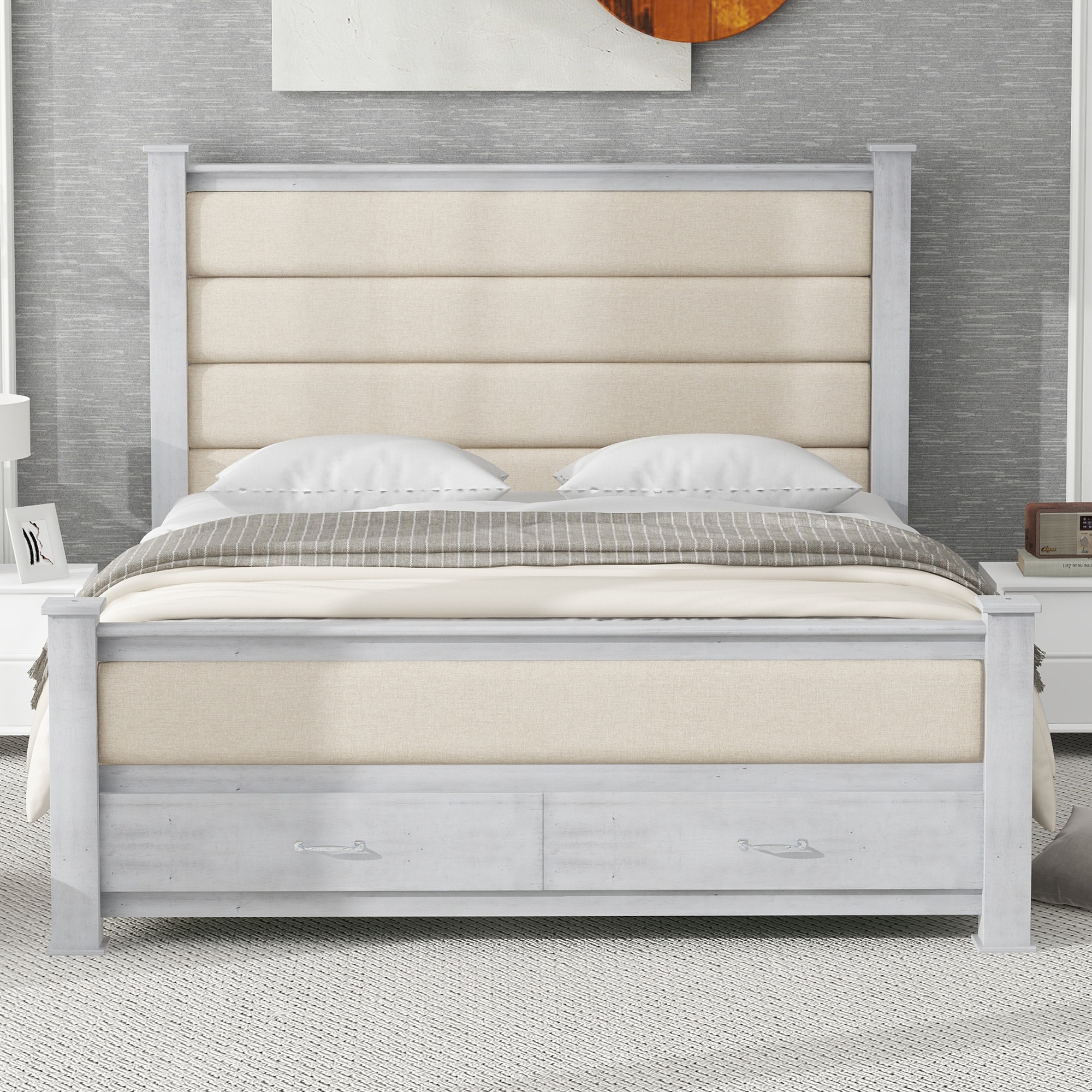 JIMSMAISON JMWMFB01AW Antique White Queen Wood Bed frame Bed with Storage