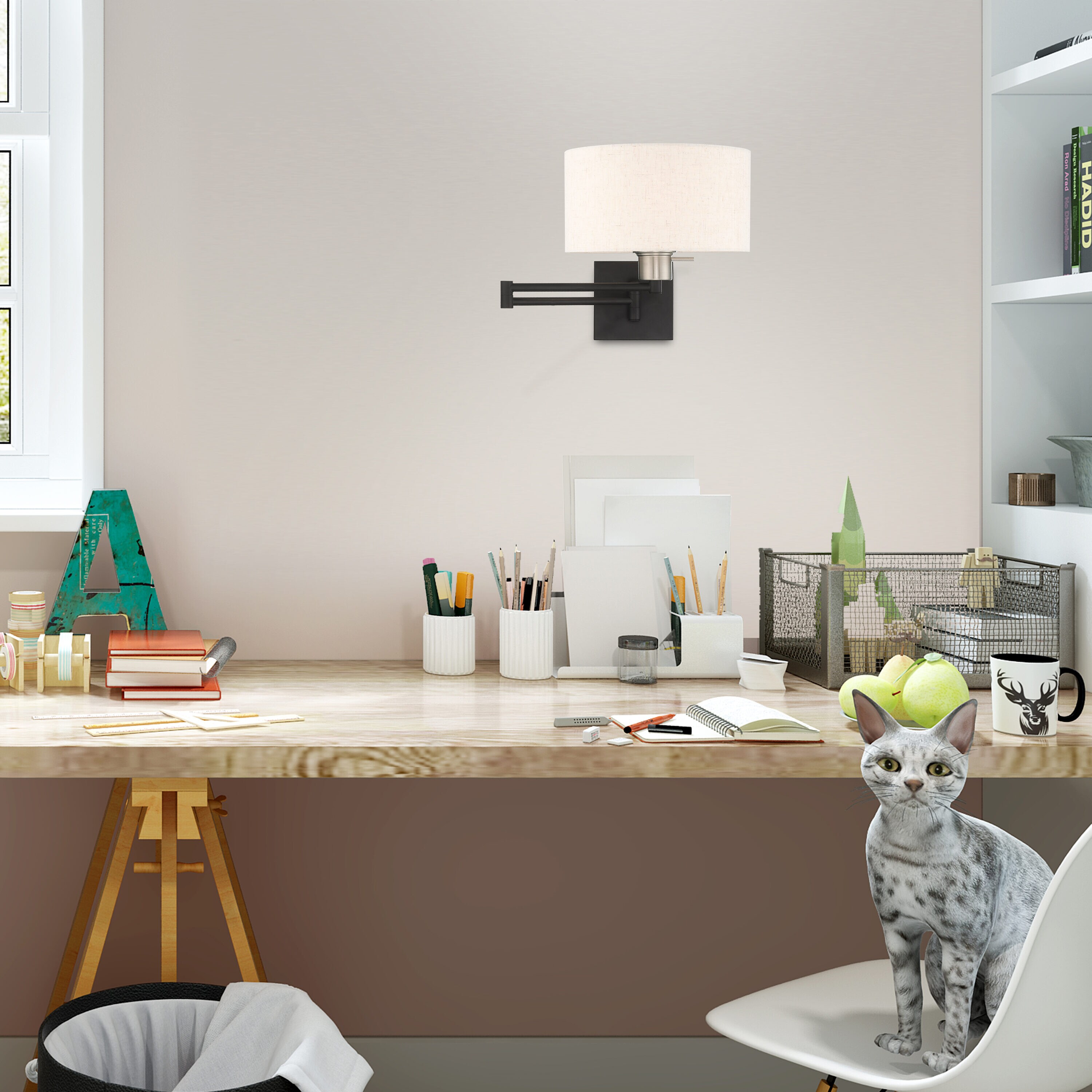 Black Steel Swing Arm Wall Lamp with Oatmeal Fabric Shade